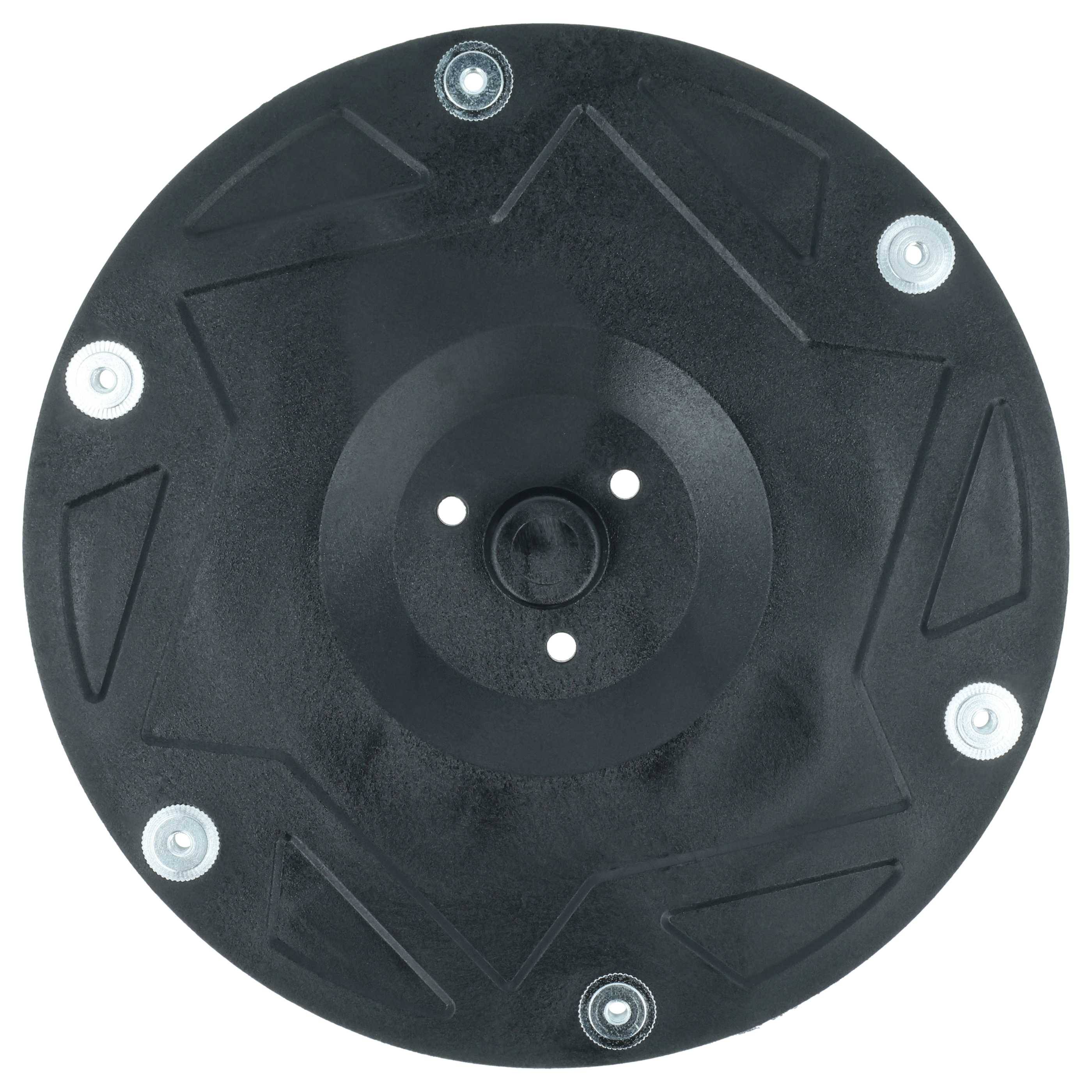 Ein schwarzes, kreisförmiges Plastikbauteil mit sechs Sternendesigns mit spitzen Zacken und gleichmäßig entlang des Randes verteilten Metallbolzen.
