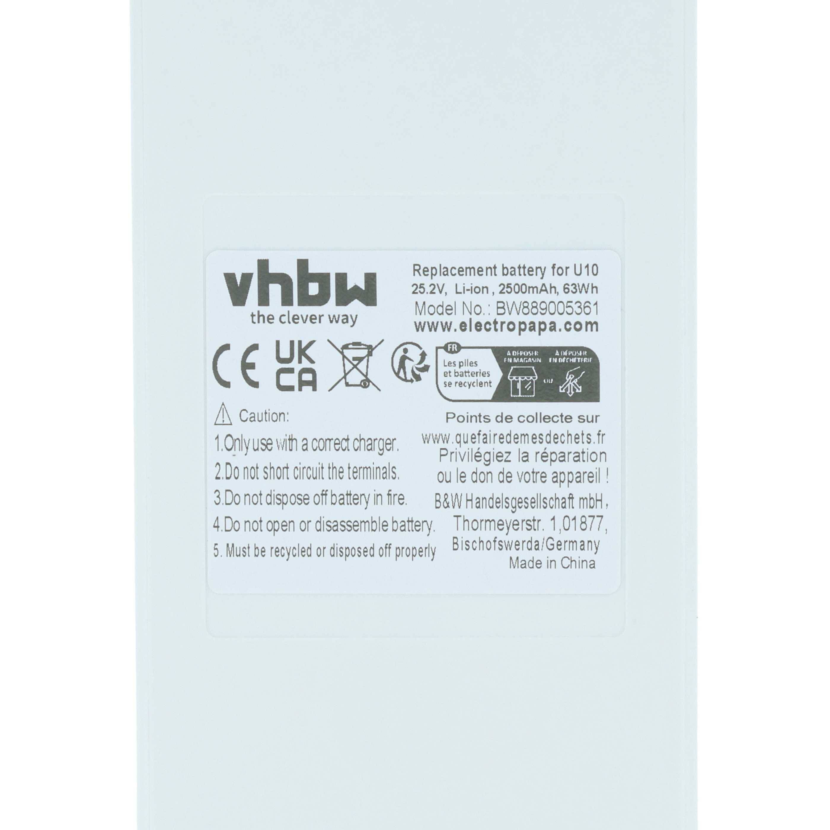 vhbw Ersatzakku für U10, 25,2V, 2500mAh, 63Wh. Modell-Nr.: B8WJ88306361. Hergestellt von Electropapa. Vorsichtig behandeln. Hergestellt in China.