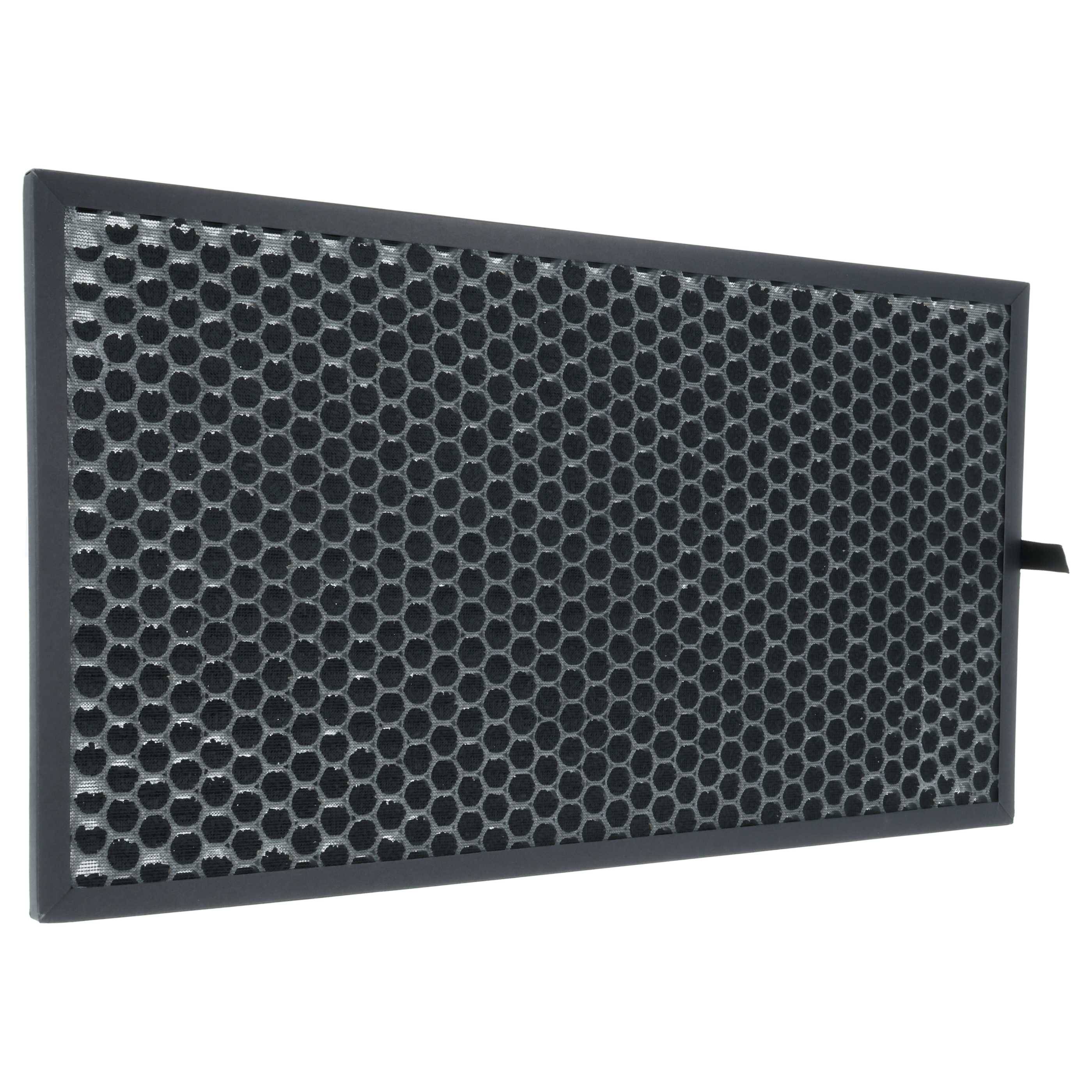 Ein rechteckiger, schwarzer Wabenkohlenstofffilter, der für die Luftfiltration verwendet wird und dessen gitterartige Struktur zu sehen ist.