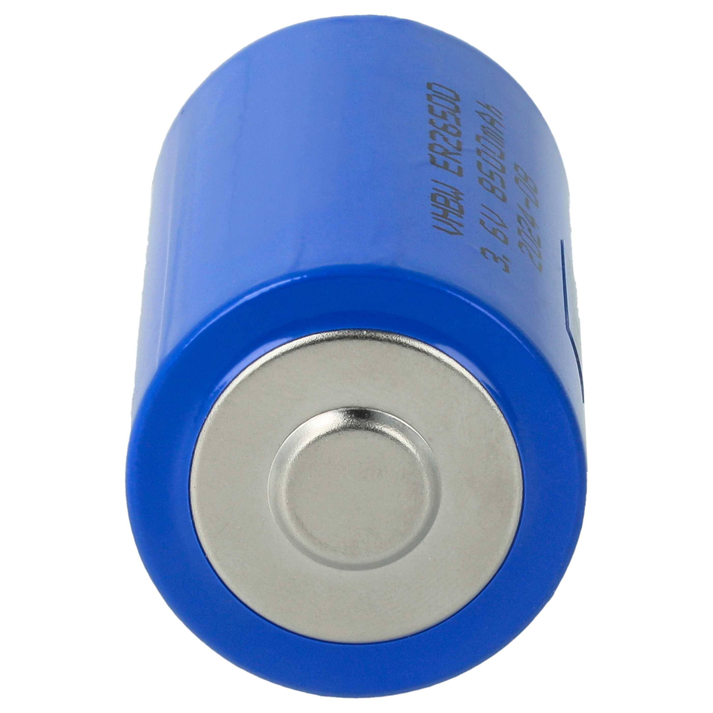 Eine blaue zylindrische Batterie mit Metallanschlüssen, beschriftet mit '3.6V 850mAh', die ihre Spannung und Kapazität anzeigt.