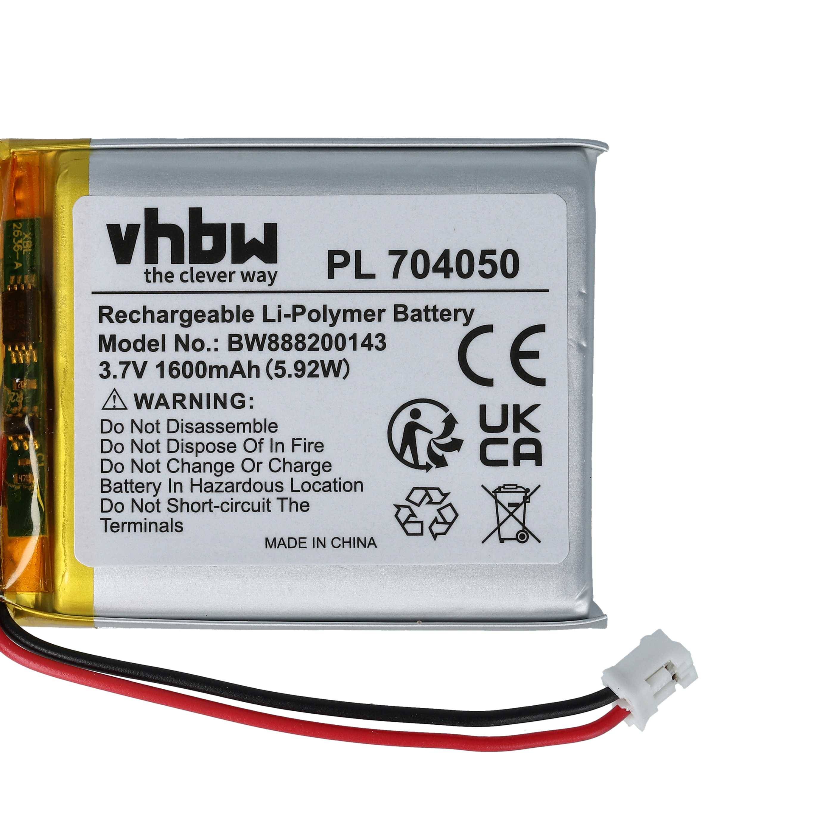 Wiederaufladbare Li-Polymer-Batterie, Modell 704050, mit 3,7V, 1600mAh. Enthält Warnhinweise zur Ladung und Entsorgung.