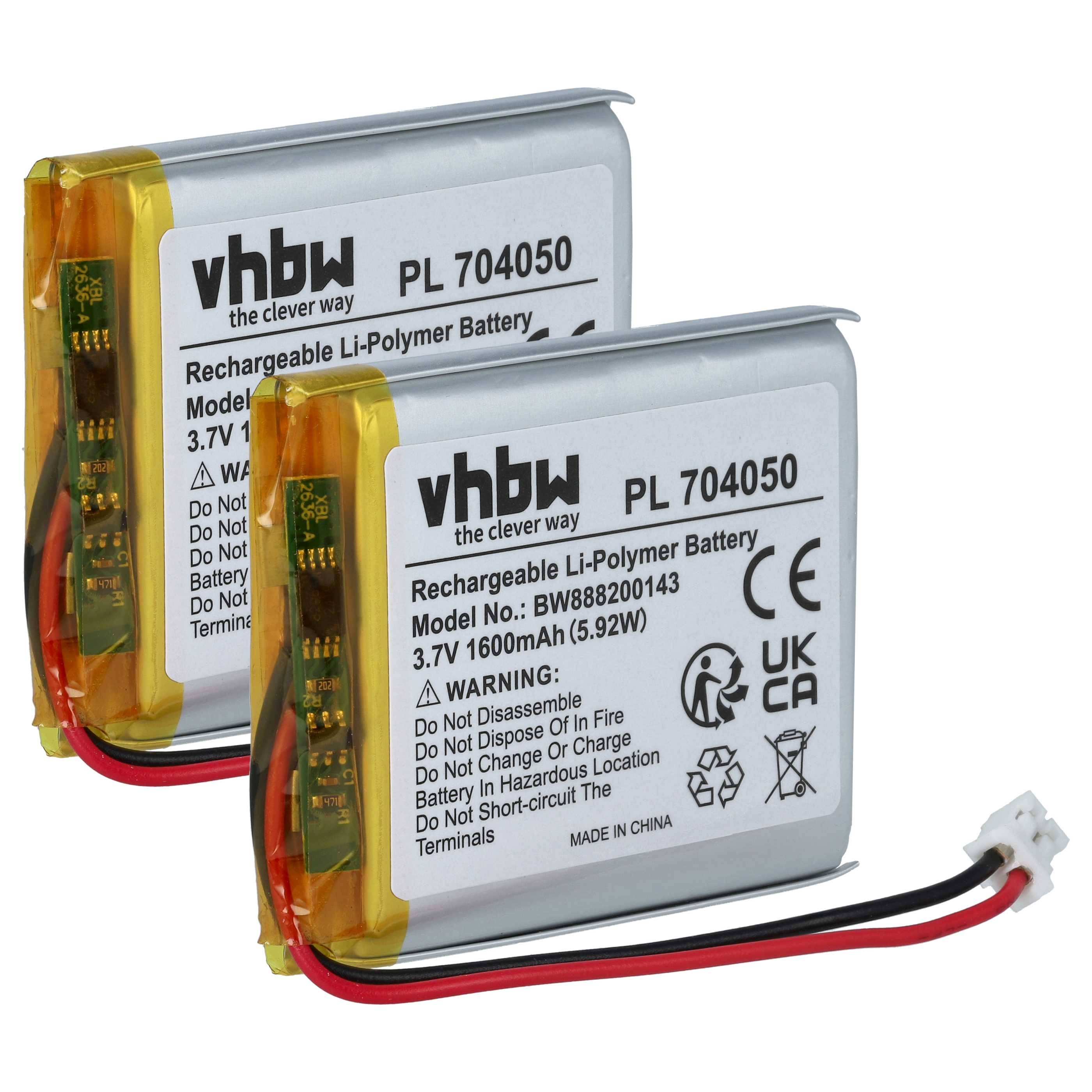 Zwei vhbw Lithium-Polymer-Akkus, 3,7V, 1600mAh, mit Sicherheitssymbolen und Warntext gegen Zerlegen oder Kurzschließen.