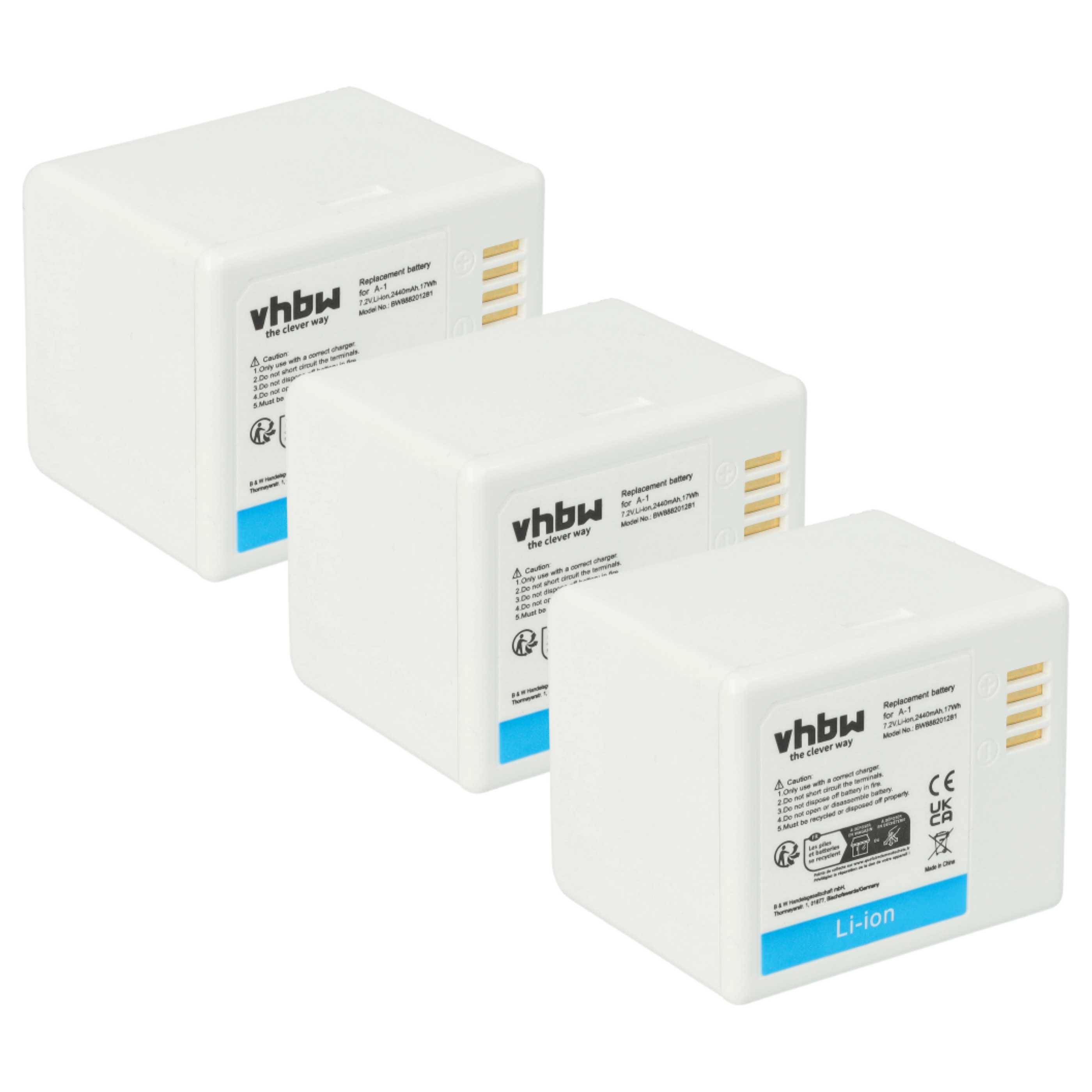 Drei weiße vhbw Li-Ionen-Batterien sind nebeneinander ausgerichtet und zeigen Sicherheitszertifizierungen und Produktetiketten.