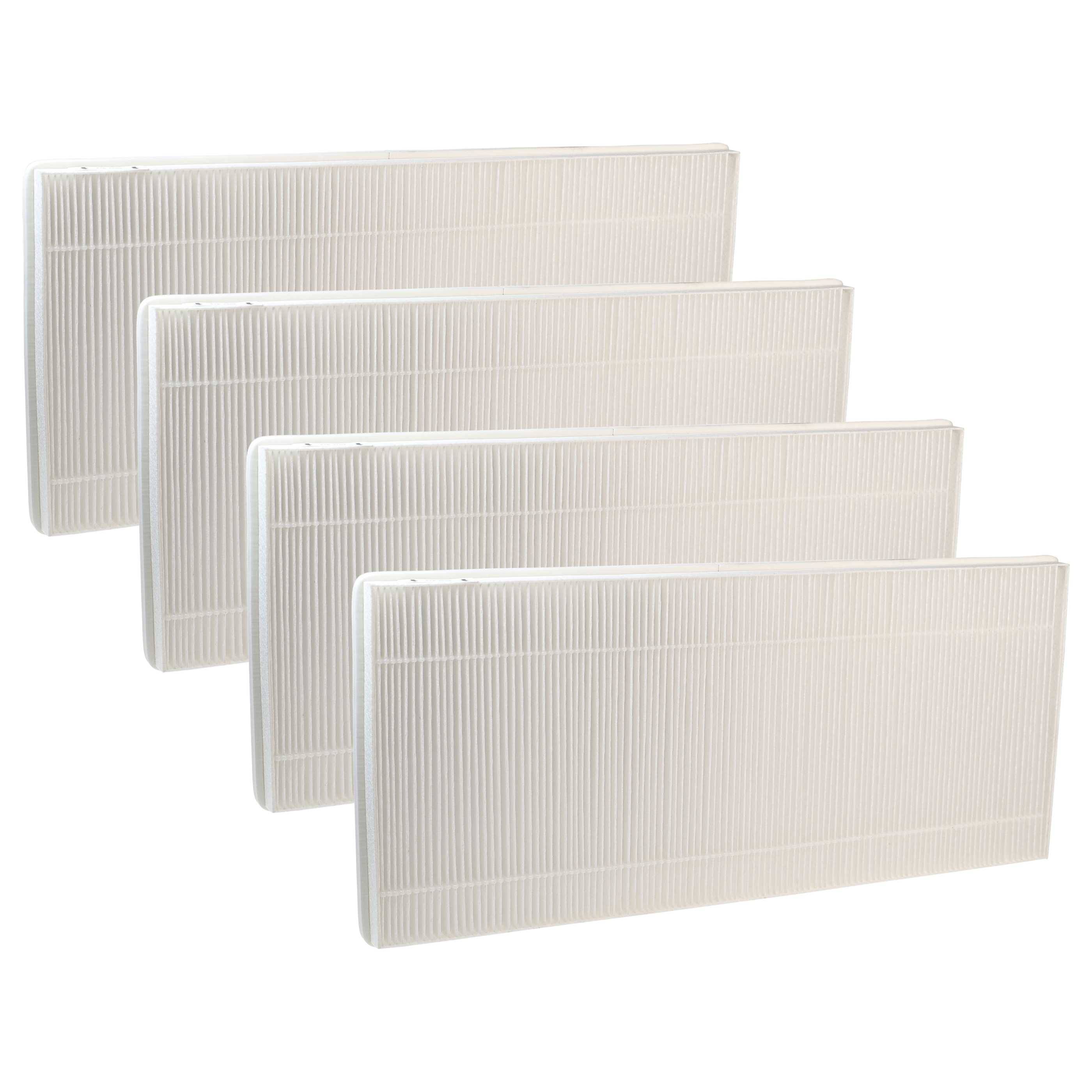 Vier rechteckige, gefaltete weiße Luftfilter sind in versetzter Anordnung vor einem einfarbigen Hintergrund aufgereiht.