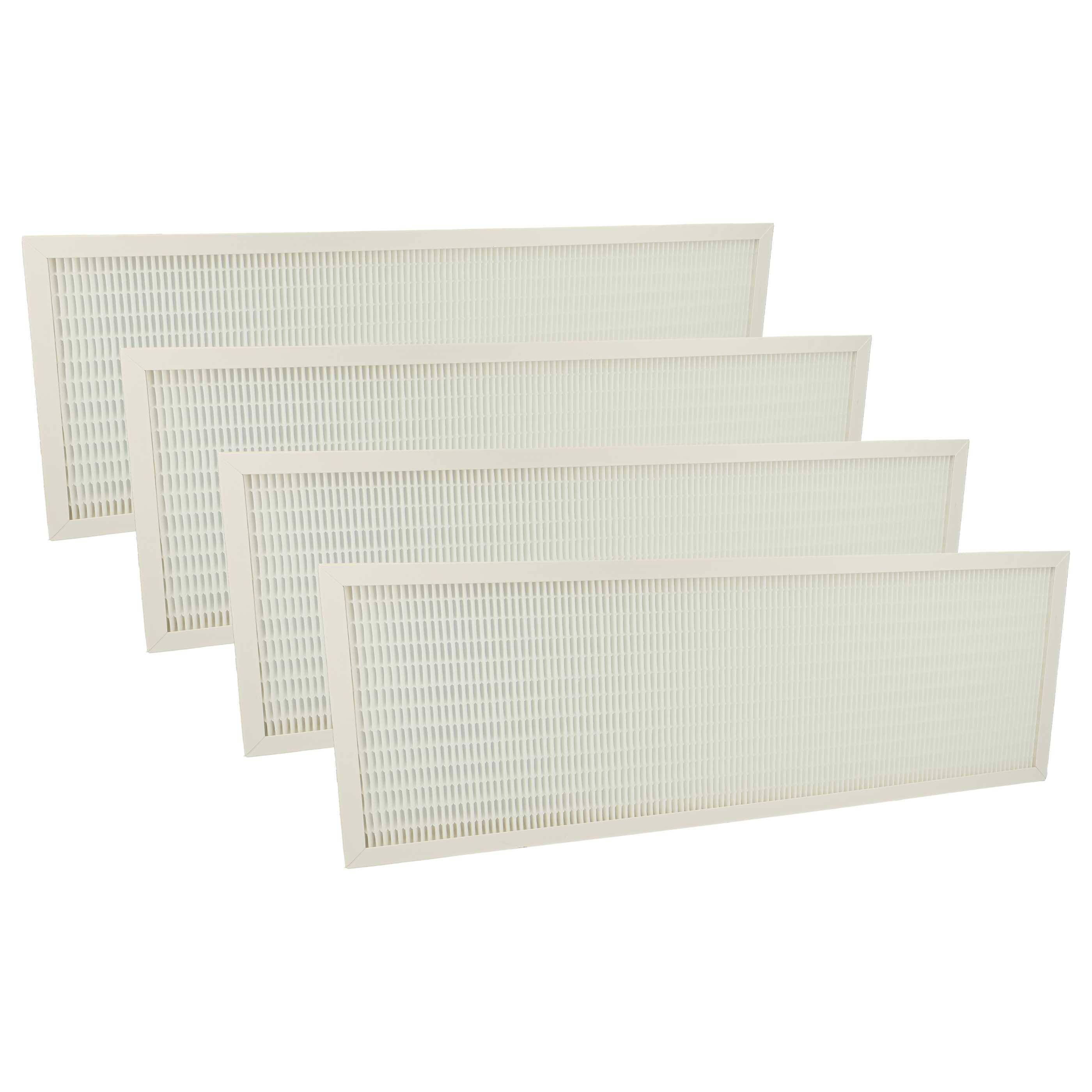Vier rechteckige Luftfilter mit weißen Maschenflächen in einer versetzten Anordnung.