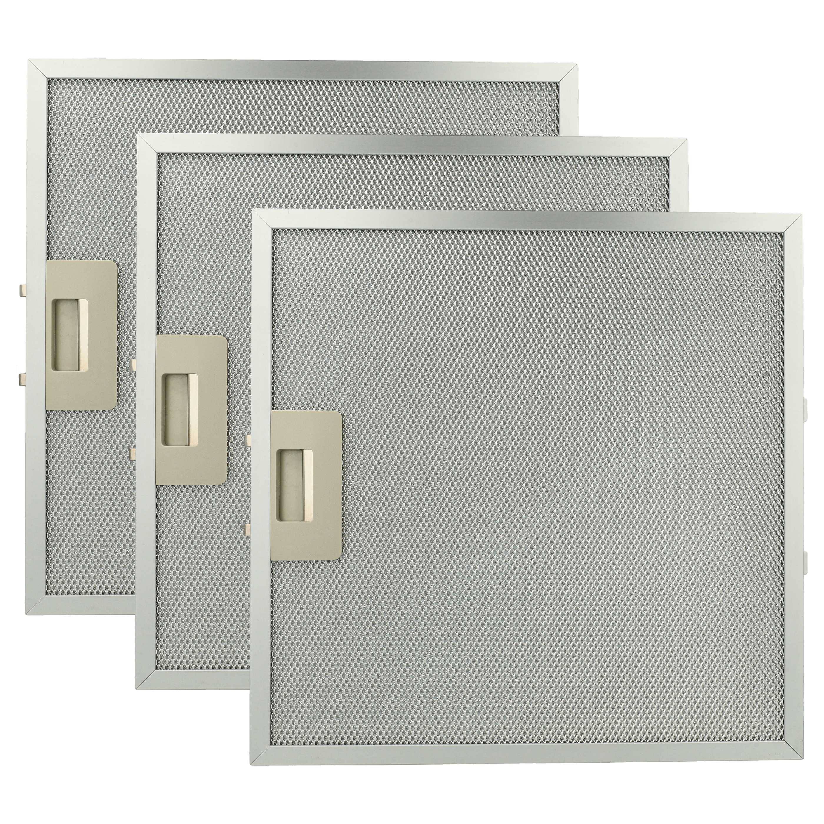 Drei metallische Luftfilternetze mit rechteckigen Rahmen, die jeweils einen quadratischen Griff zur einfachen Entnahme und Installation aufweisen.
