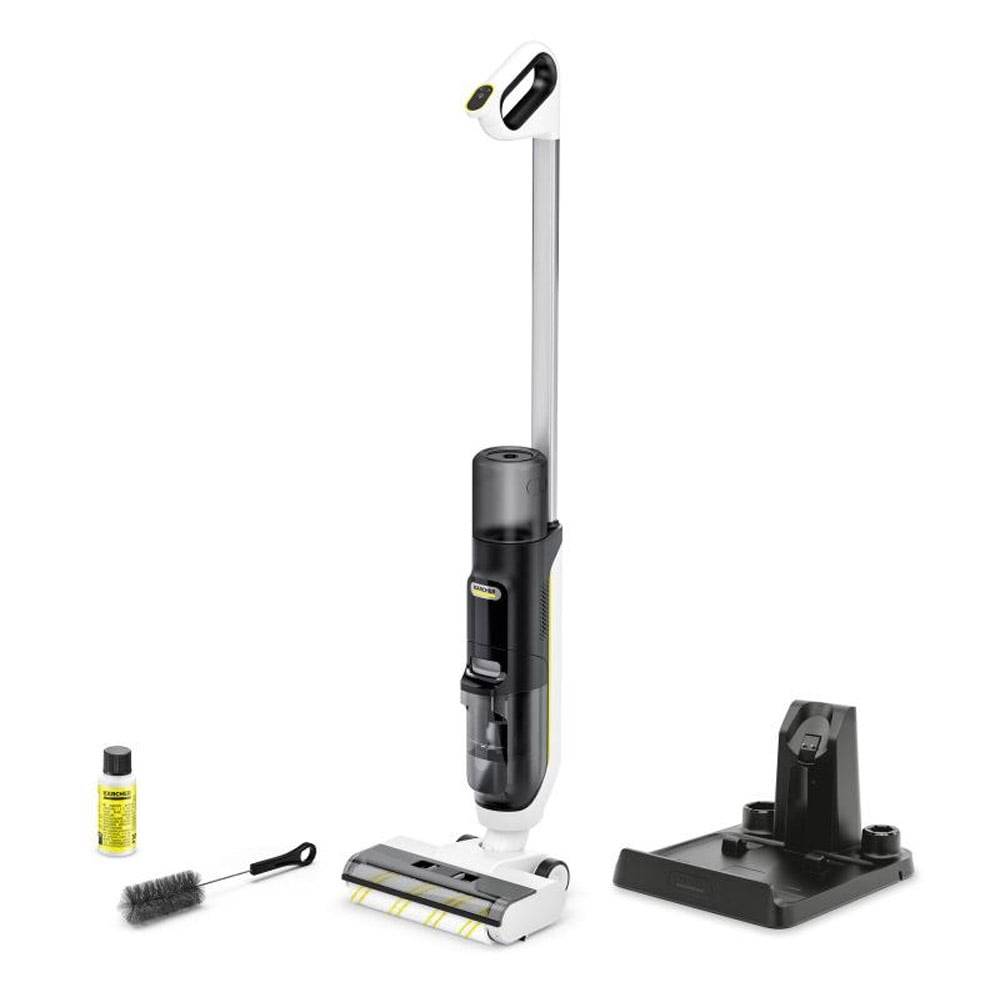 Ein kabelloser Staubsauger mit elegantem Design, abnehmbaren Teilen, einer Reinigungsbürste, einer Reinigungsmittelflasche und einer Ladestation werden präsentiert.
