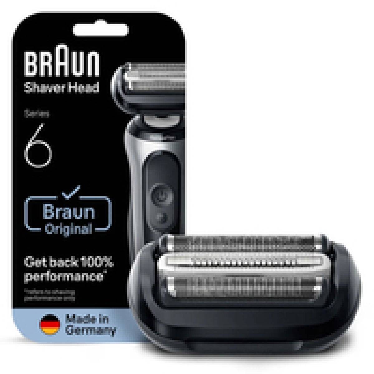 Ersatzkopf für Rasierer der Braun Series 6, in Verpackung gezeigt mit dem Text ‚Gewinne 100% Leistung zurück', hergestellt in Deutschland.