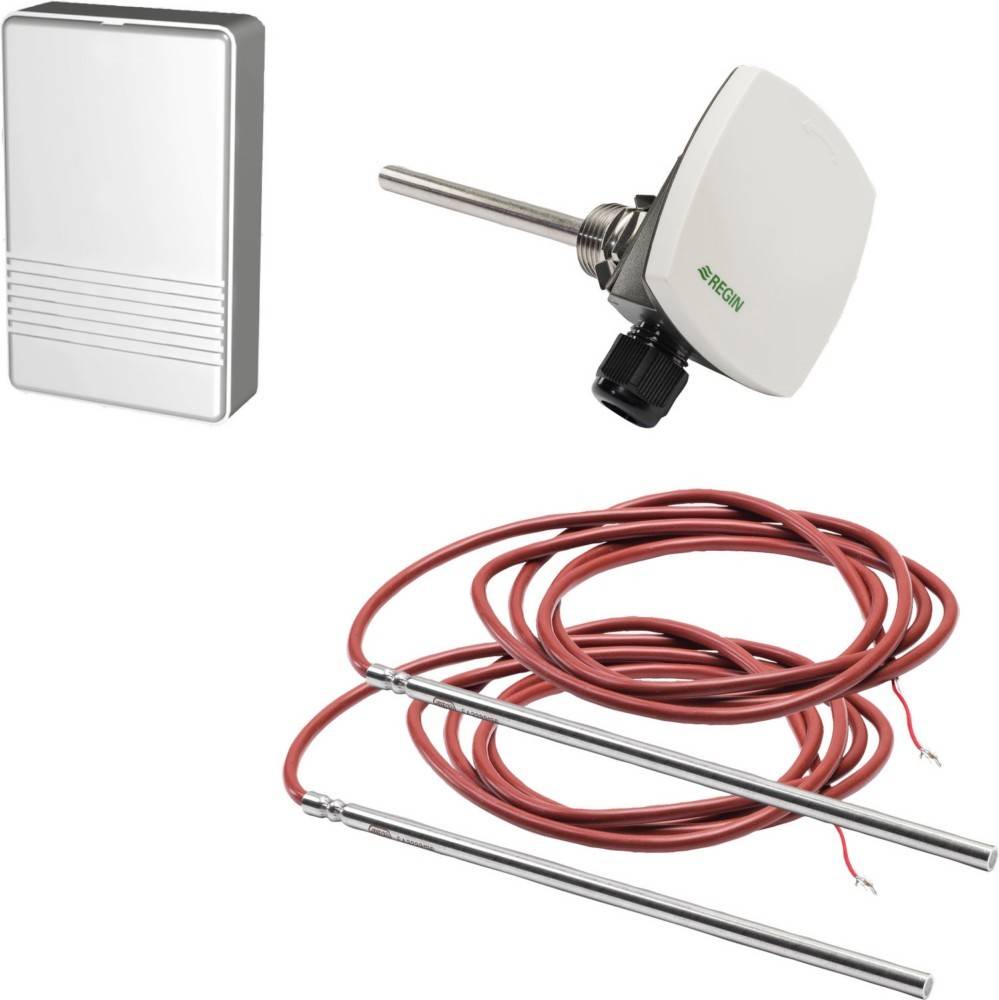 Industrielle Temperatursensoren: ein wandmontierter Sensor, eine Sonde mit Steuereinheit und zwei Drahtfühler mit freiliegenden Elementen.