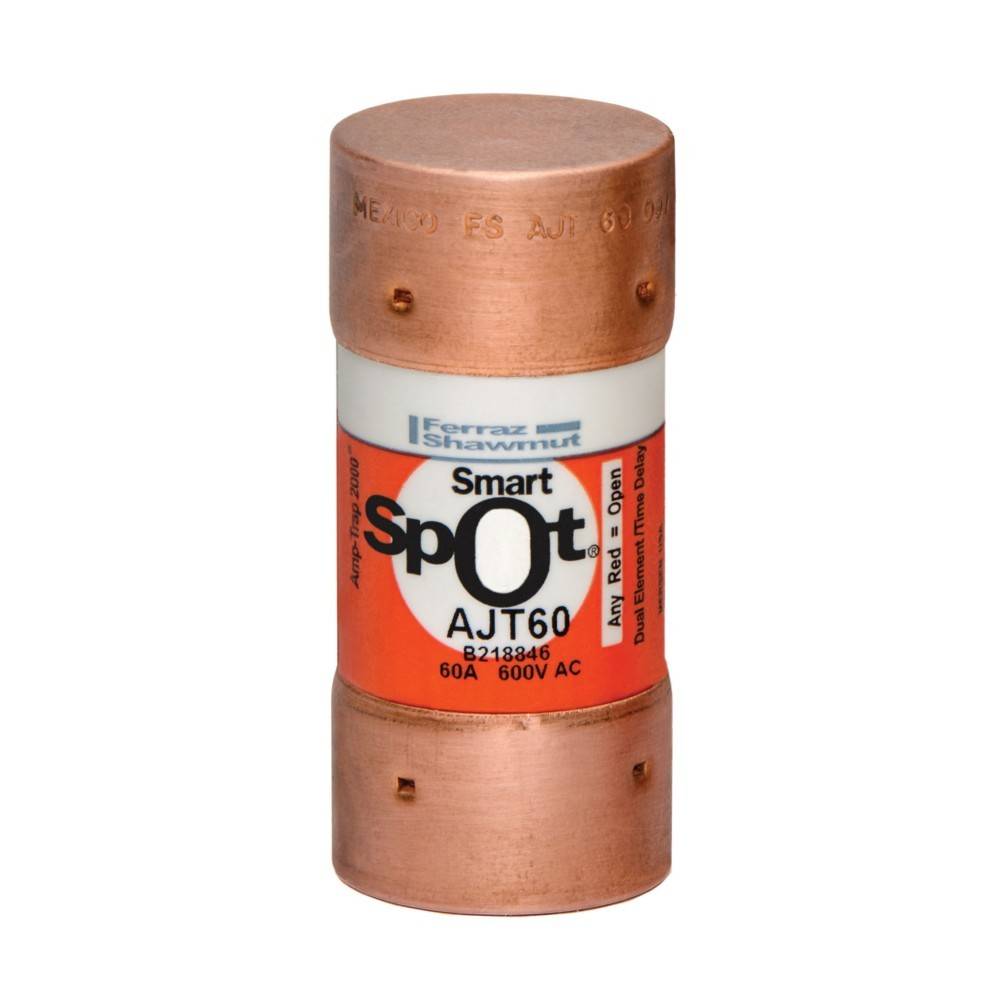 Kupfersicherung mit der Bezeichnung 'Ferraz Shawmut Smart Spot AJT60 60A 600V AC', verwendet zum Schutz elektrischer Schaltkreise.