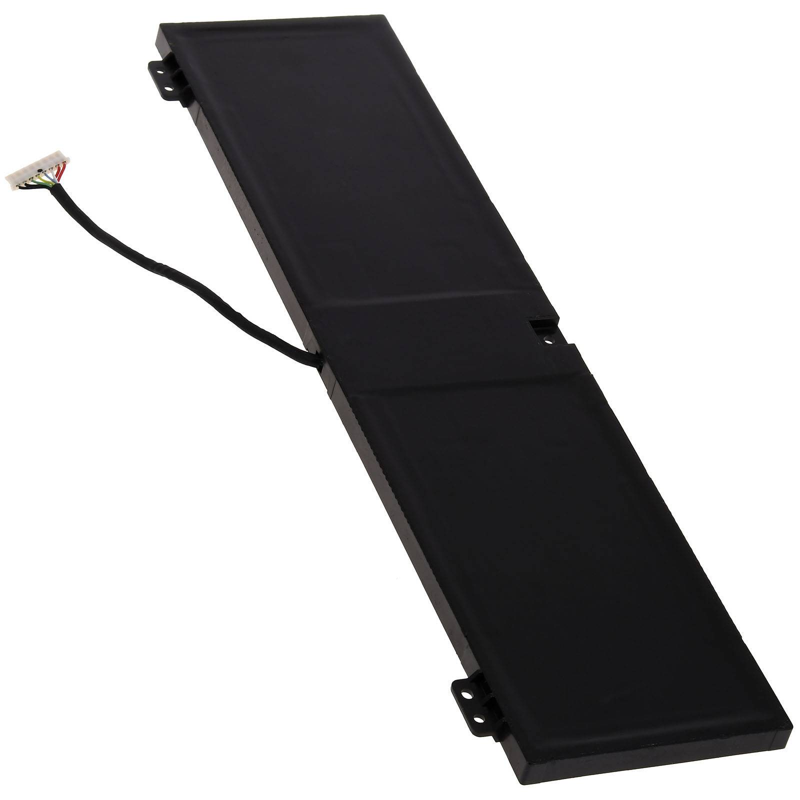 Eine schwarze rechteckige Laptop-Batterie mit angeschlossenem Verbindungskabel, die für den internen Einbau in Laptops entwickelt wurde.