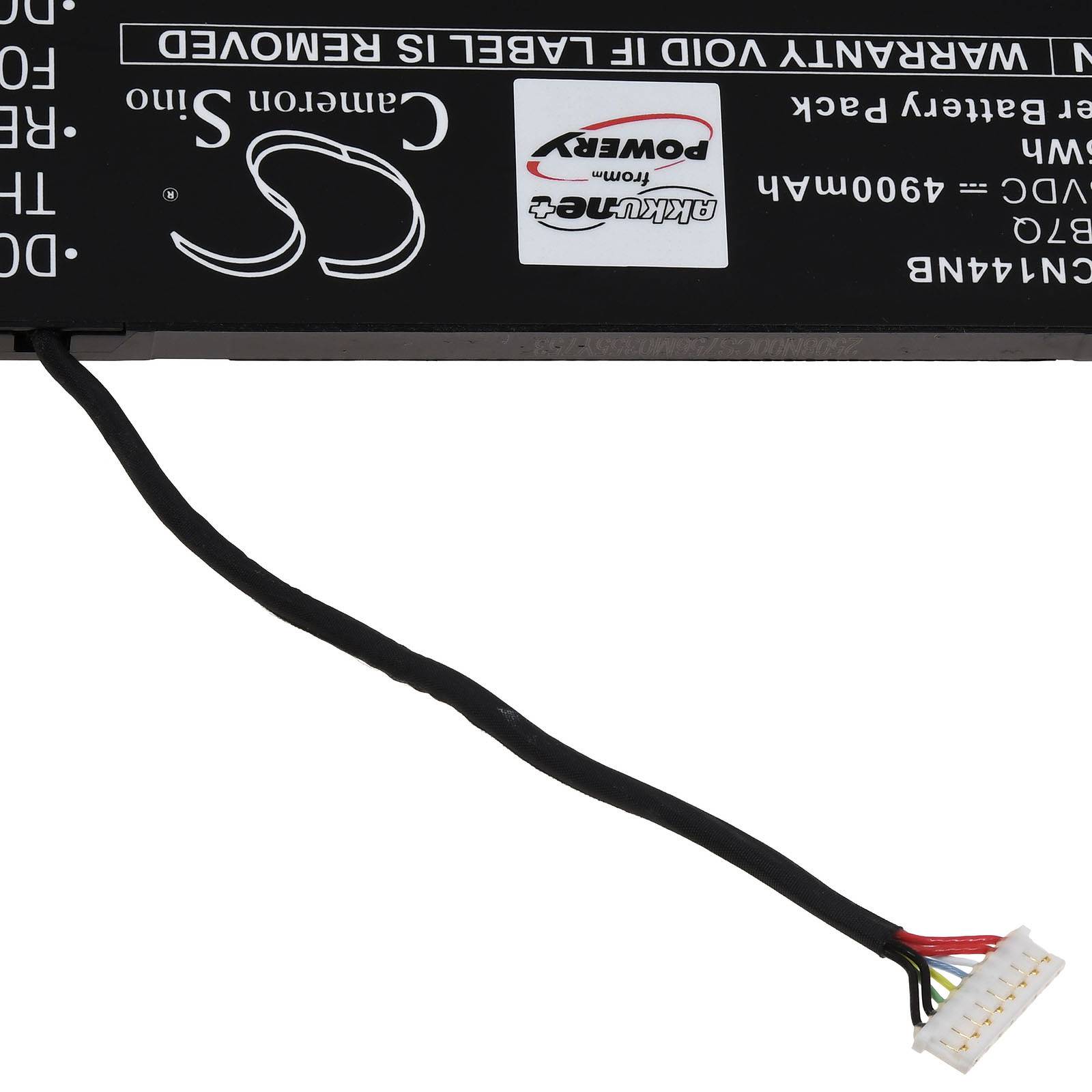 Eine schwarze Lithium-Ionen-Batterie mit einem weißen Anschluss und mehreren Kabeln, mit der Bezeichnung 