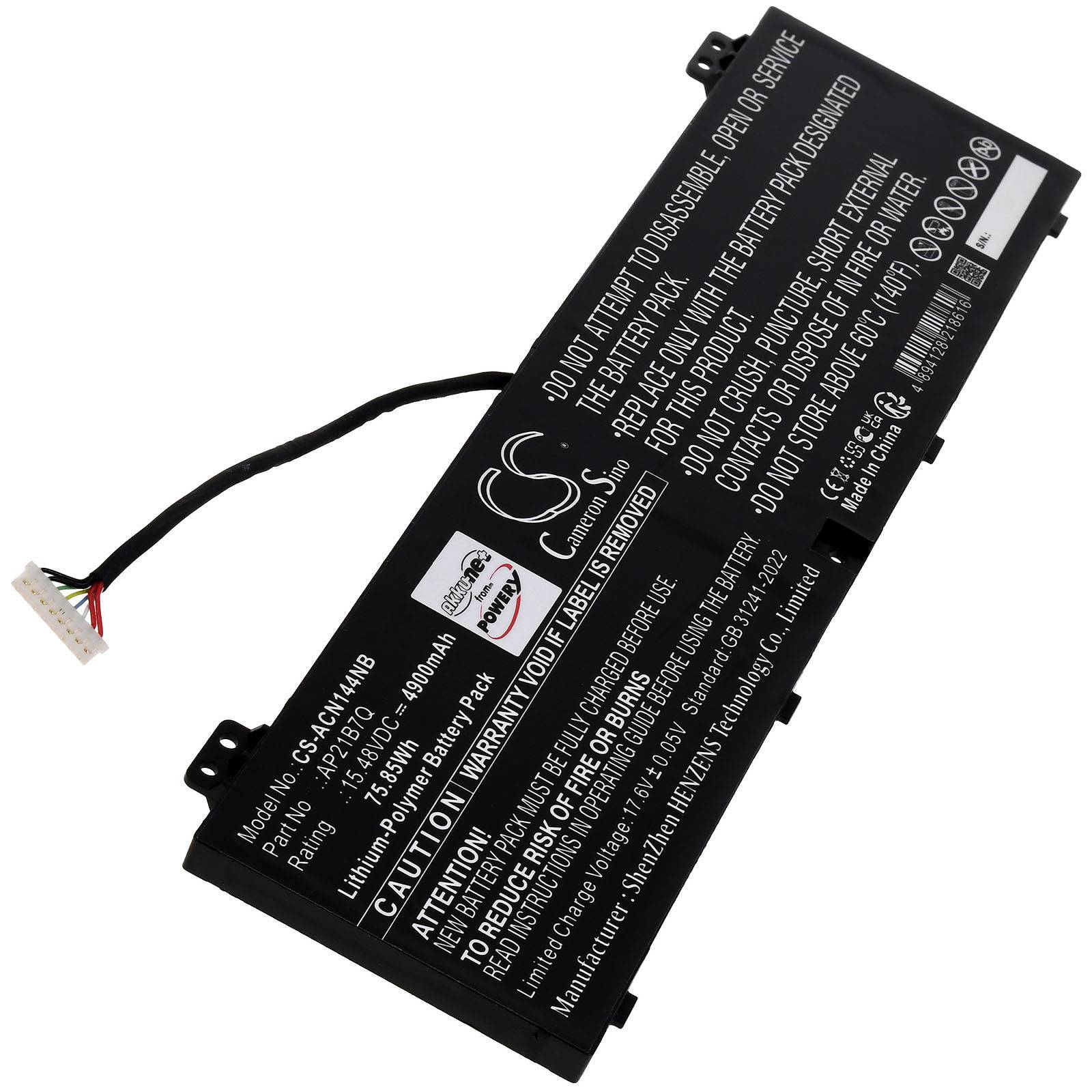 Beschriftete Lithium-Ionen-Batterie mit Spezifikationen: 7,5V, 3350mAh, 25Wh. Enthält Sicherheitswarnungen und ein Anschlusskabel.