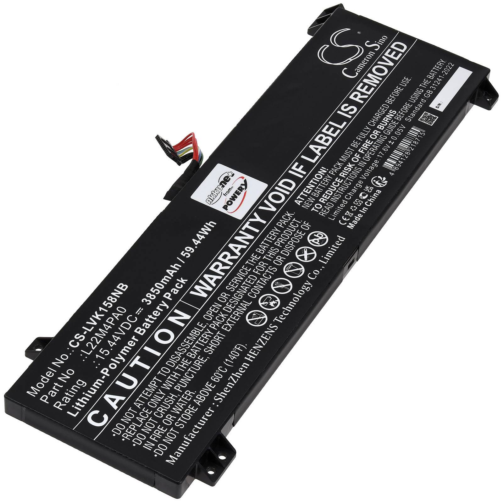 Ein schwarzer Laptop-Akku mit aufgedruckten Spezifikationen, einschließlich Modellnummern, Kapazität und Spannungsdetails. Warnhinweise zur Garantie bei Entfernung des Etiketts.