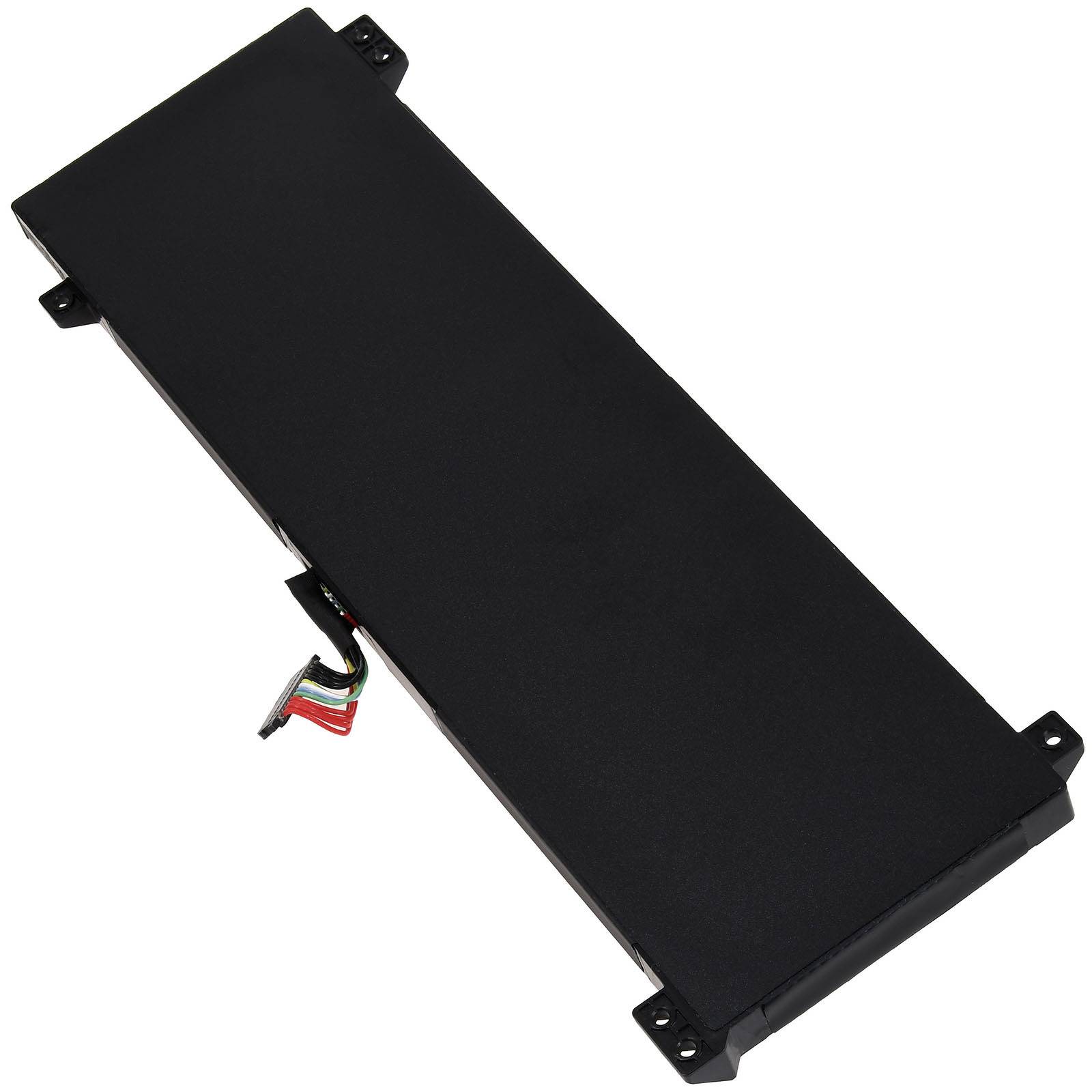 Ein rechteckiger schwarzer Lithium-Ionen-Laptop-Akku mit sichtbaren Kabelanschlüssen, die an einer Seite herausragen.