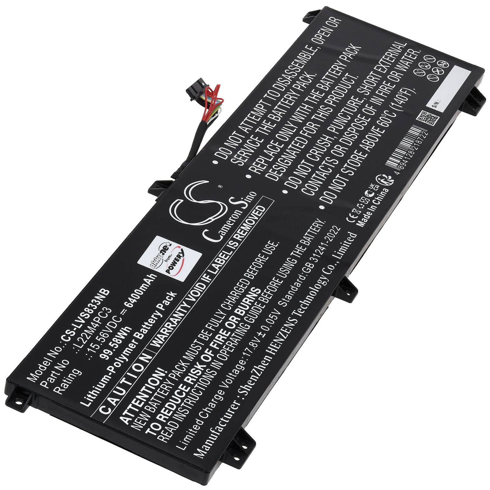 Rechteckige Lithium-Ionen-Batterie mit Sicherheitshinweisen und Spezifikationen, einschließlich 7,7V und 5000mAh Kapazität. Schwarz mit weißer Schrift.