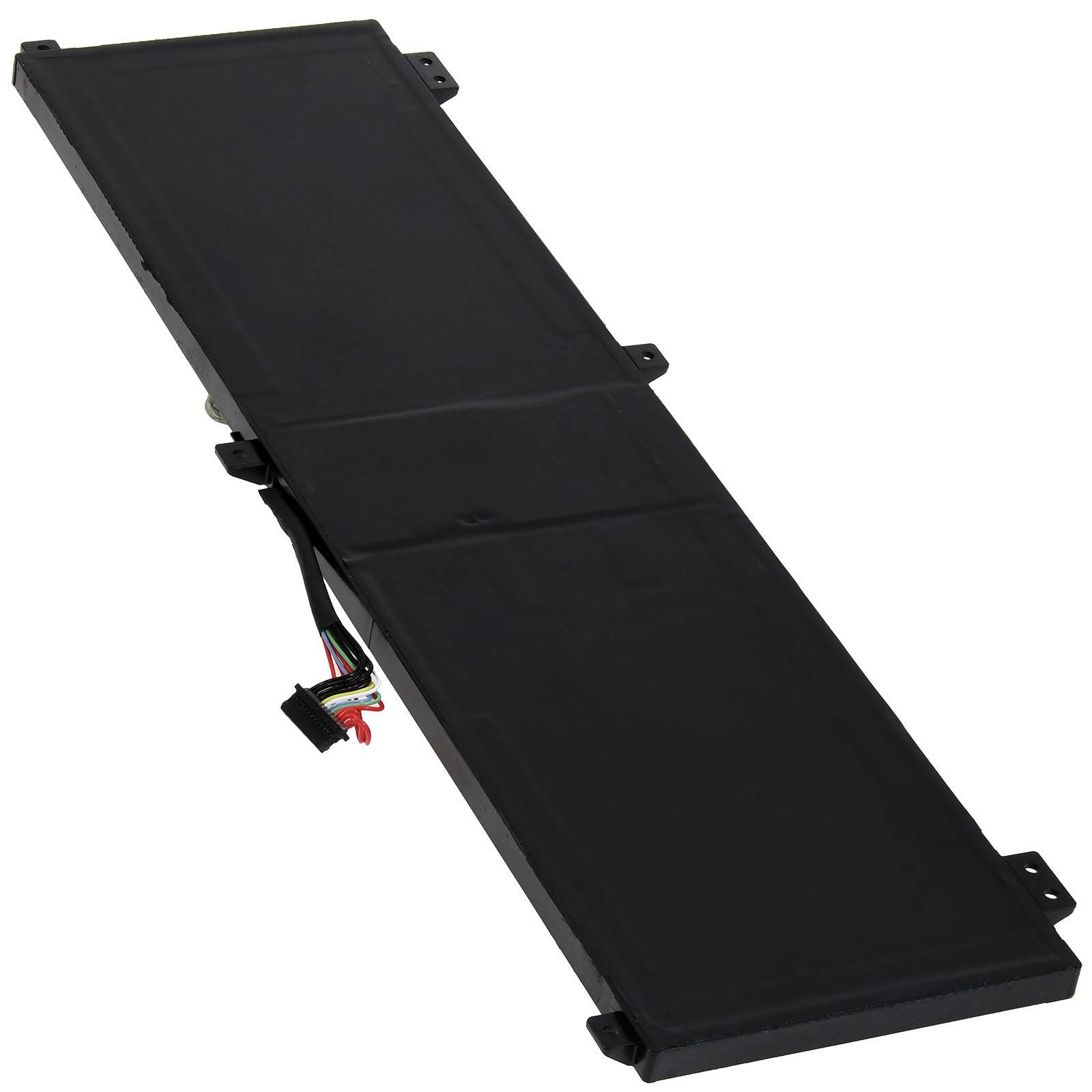 Ein rechteckiger Laptop-Akku mit schwarzem Gehäuse und einem mehrfarbigen Drahtanschluss an einer Seite.