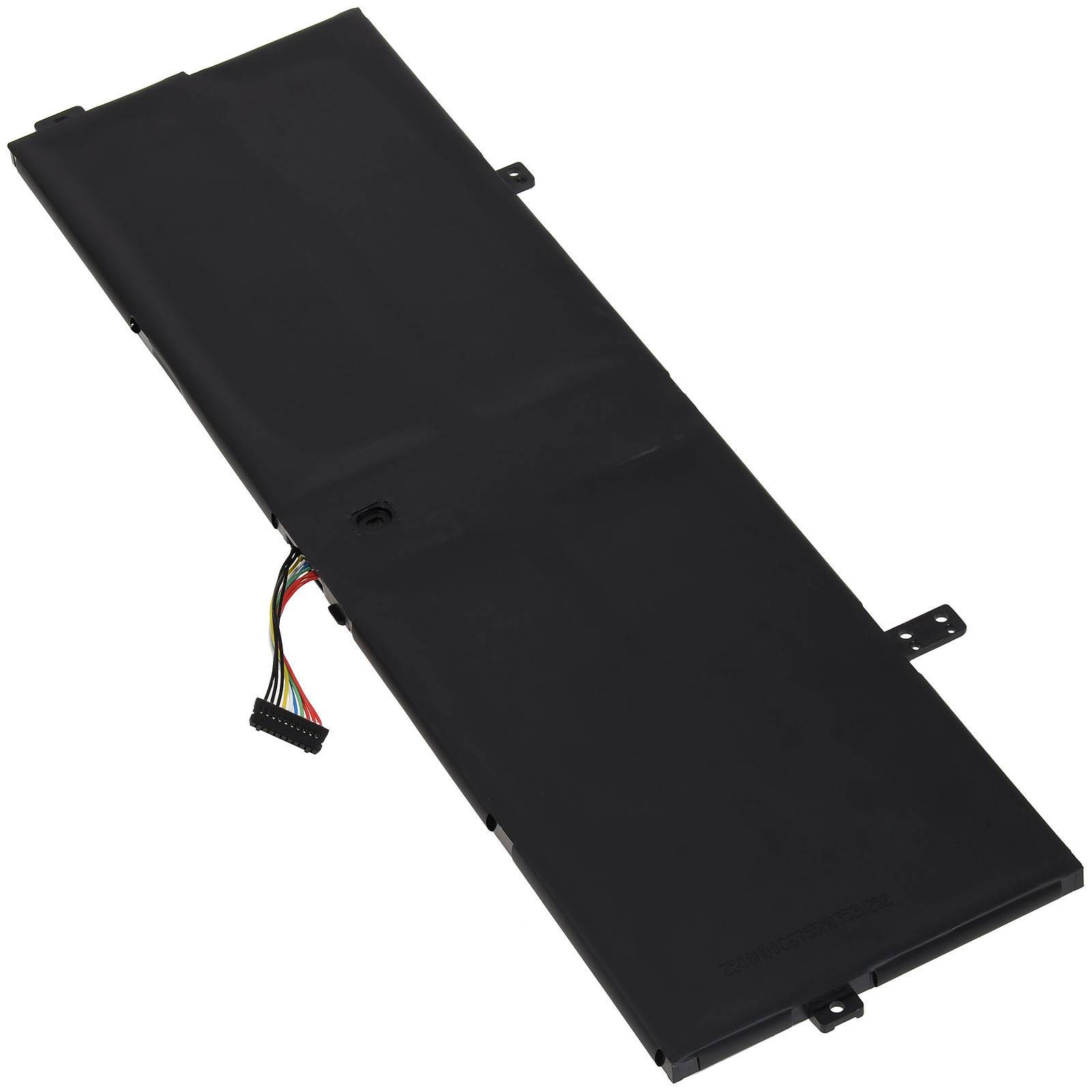 Eine flache, rechteckige schwarze Laptop-Batterie mit einem Bündel von mehrfarbigen Kabeln und einem Anschluss an der Seite.