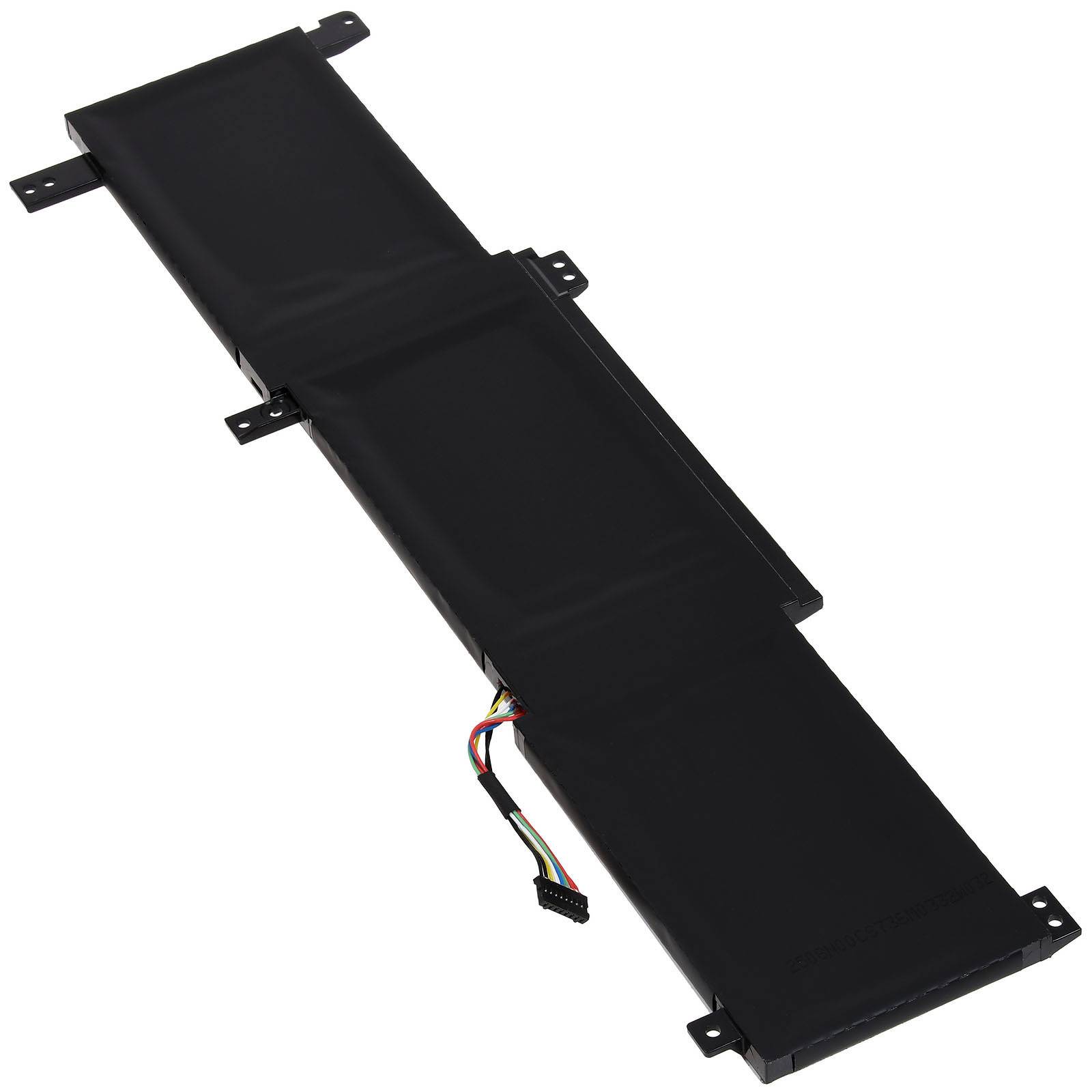 Rechteckiger schwarzer Laptop-Akku mit einem Anschlusskabel und bunten Kabeln.