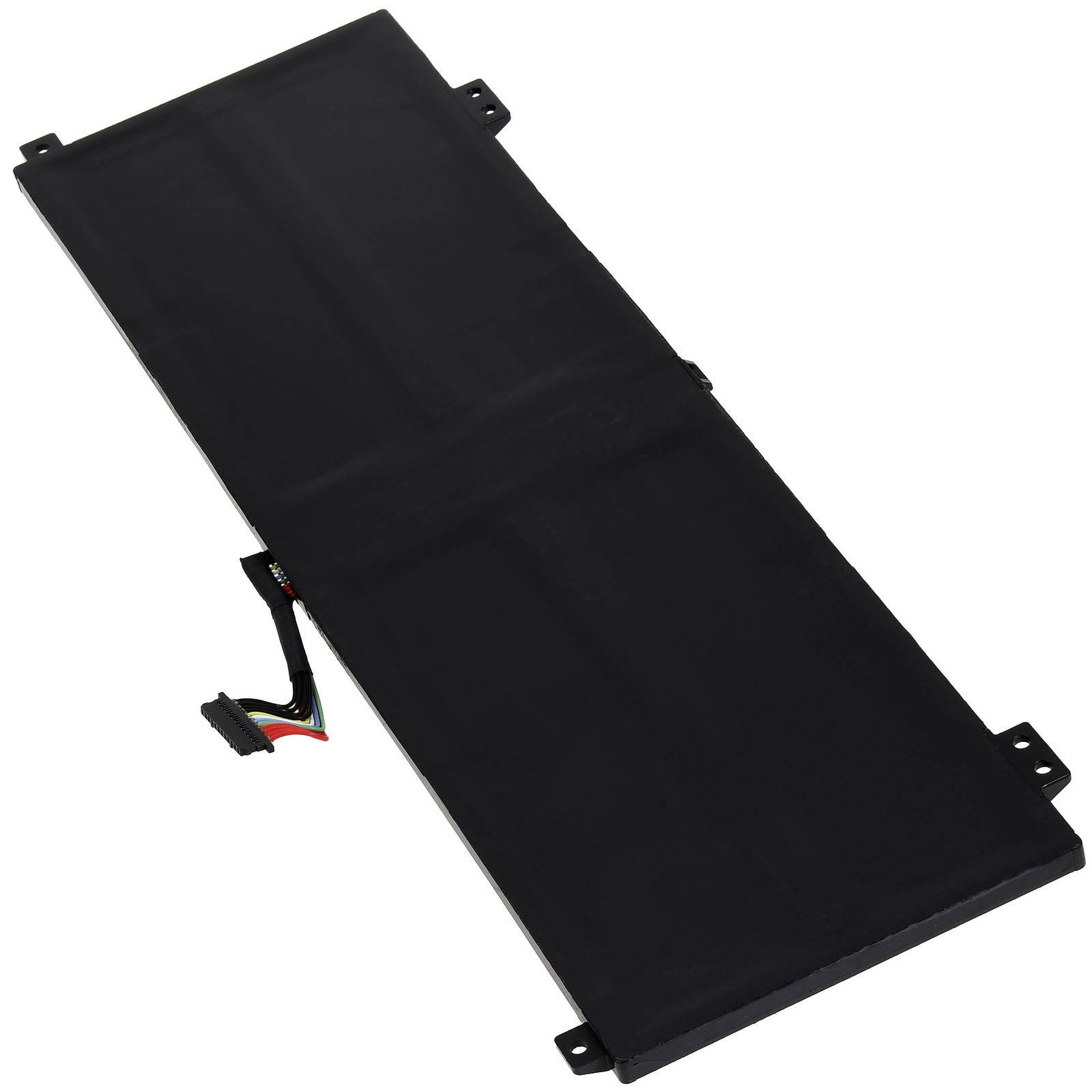 Eine rechteckige, flache schwarze Laptop-Batterie mit einem Anschluss an einer Seite, die für den Austausch in bestimmten Laptop-Modellen konzipiert ist.