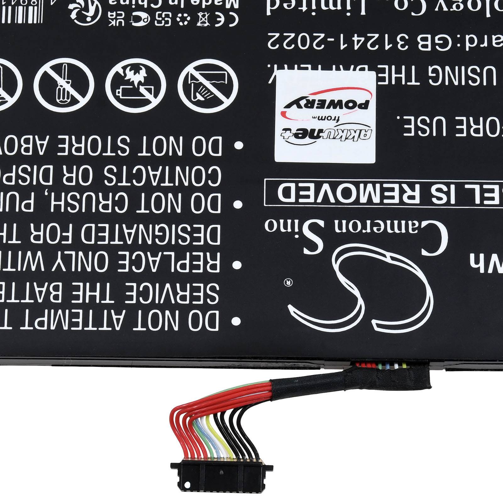 Nahaufnahme eines Akkus mit auf Englisch beschrifteten Sicherheitshinweisen, der an einen rot-gelb-weiß-schwarzen Leitungsanschluss angeschlossen ist.