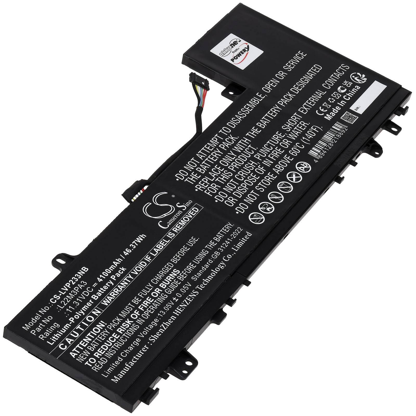 Rechteckige Lithium-Ionen-Batterie mit technischen Spezifikationen und Warnhinweisen in weißer Schrift auf schwarzer Oberfläche.