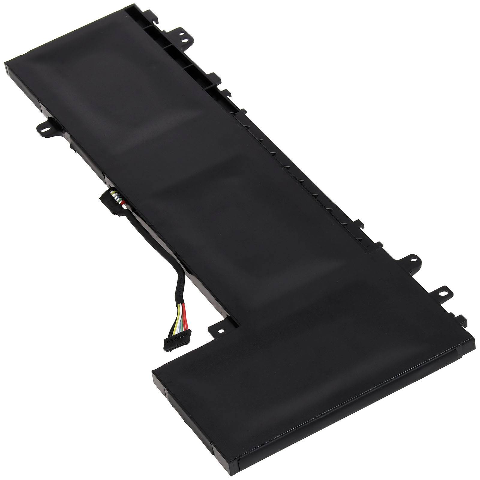 Ein schwarzer Laptop-Akku mit einem kleinen Verbindungskabel. Rechteckige Form mit einer kantigen Designstruktur an einem Ende.