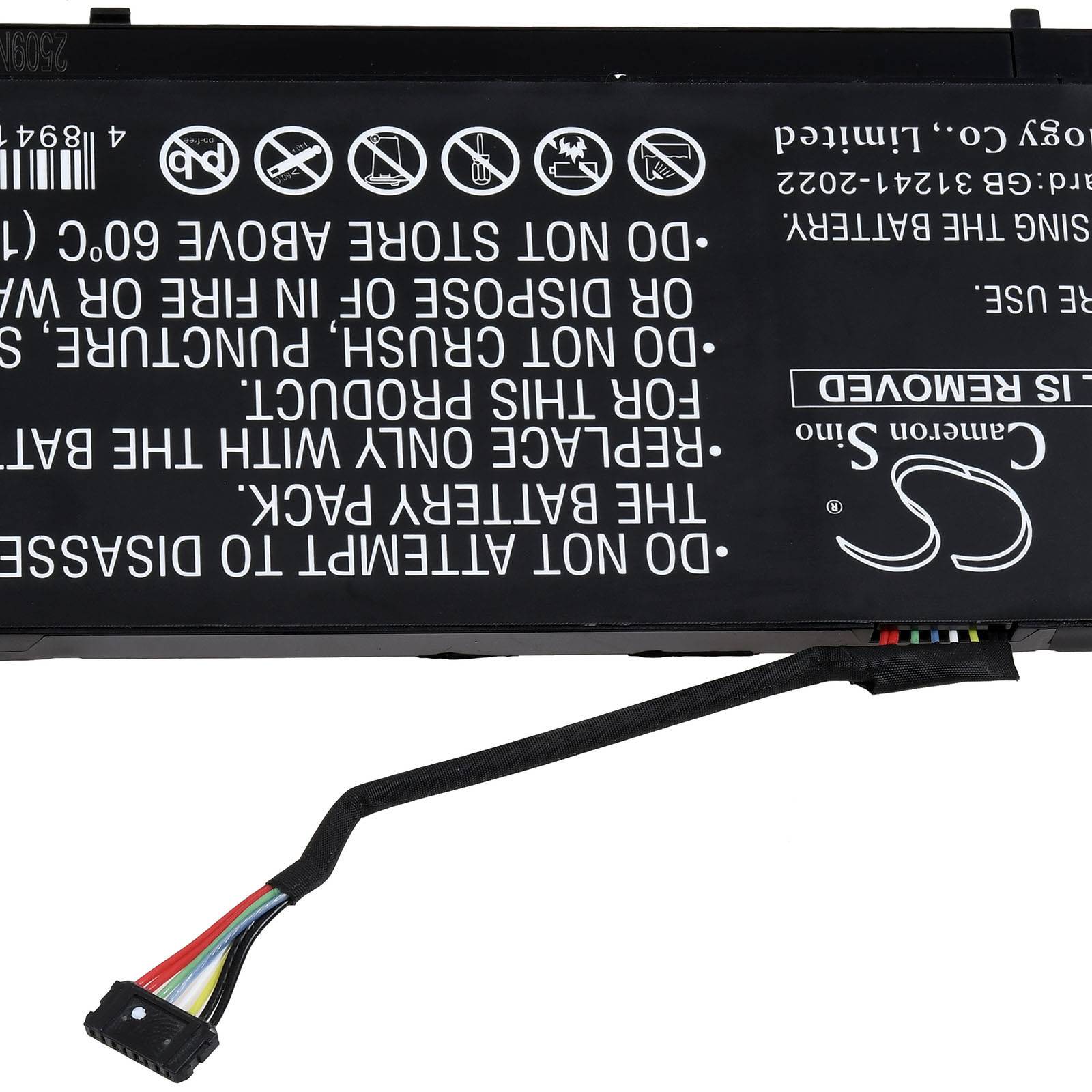 Laptop-Akku mit angeschlossenem Kabel, beschriftet: 