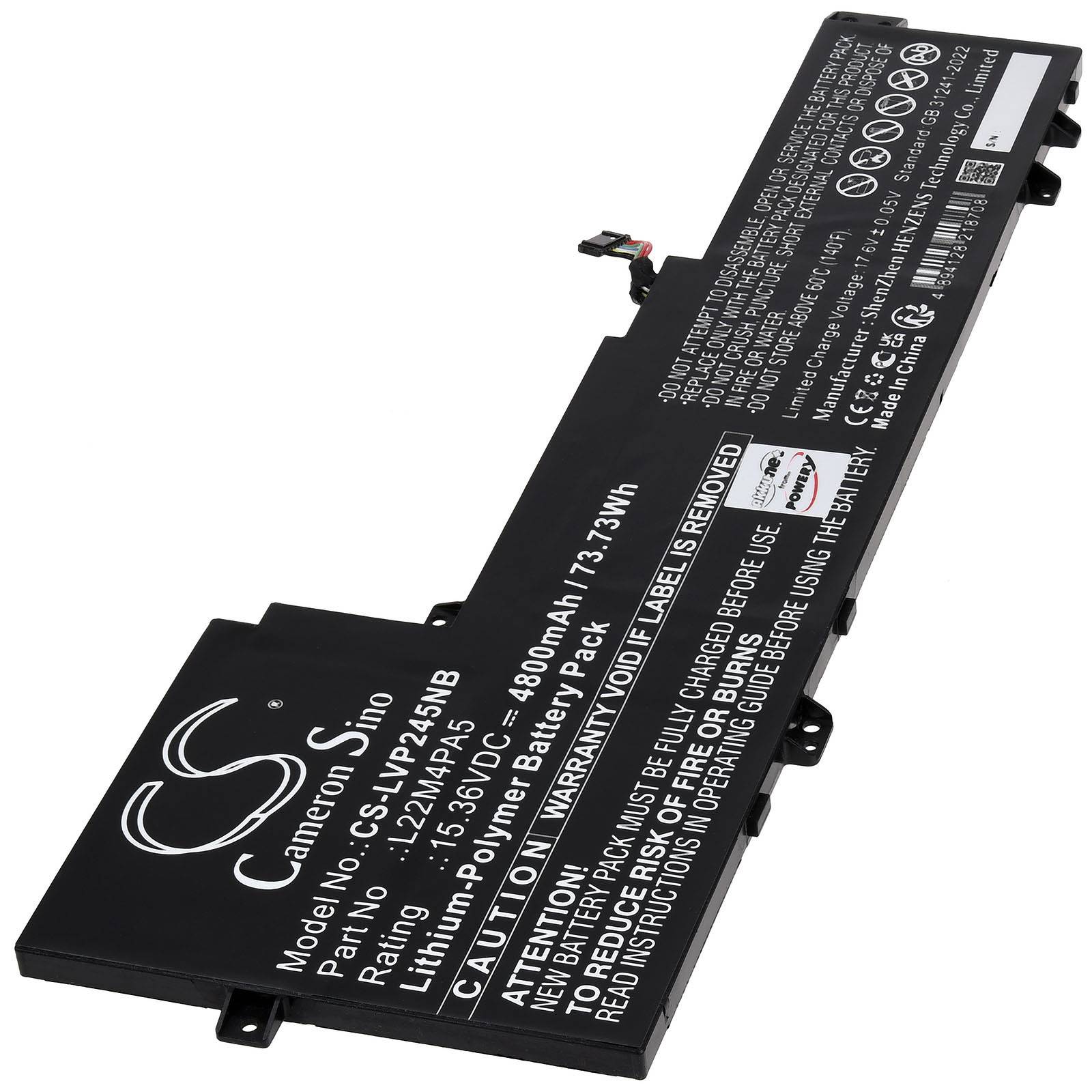 Eine schwarze Lithium-Polymer-Batterie mit weißer Beschriftung, die das Modell 'CS-LVP245NB', 7,6V, 4800mAh/37,13Wh Spezifikationen und Sicherheitswarnungen zeigt.