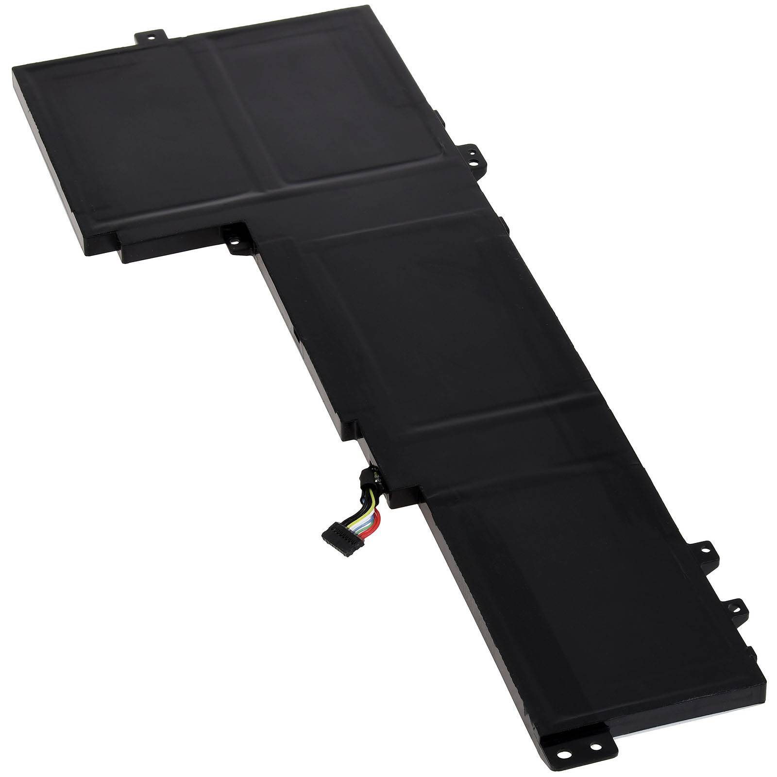 Eine schwarze, L-förmige Laptop-Batterie mit Anschluss und Verkabelung auf weißem Hintergrund.