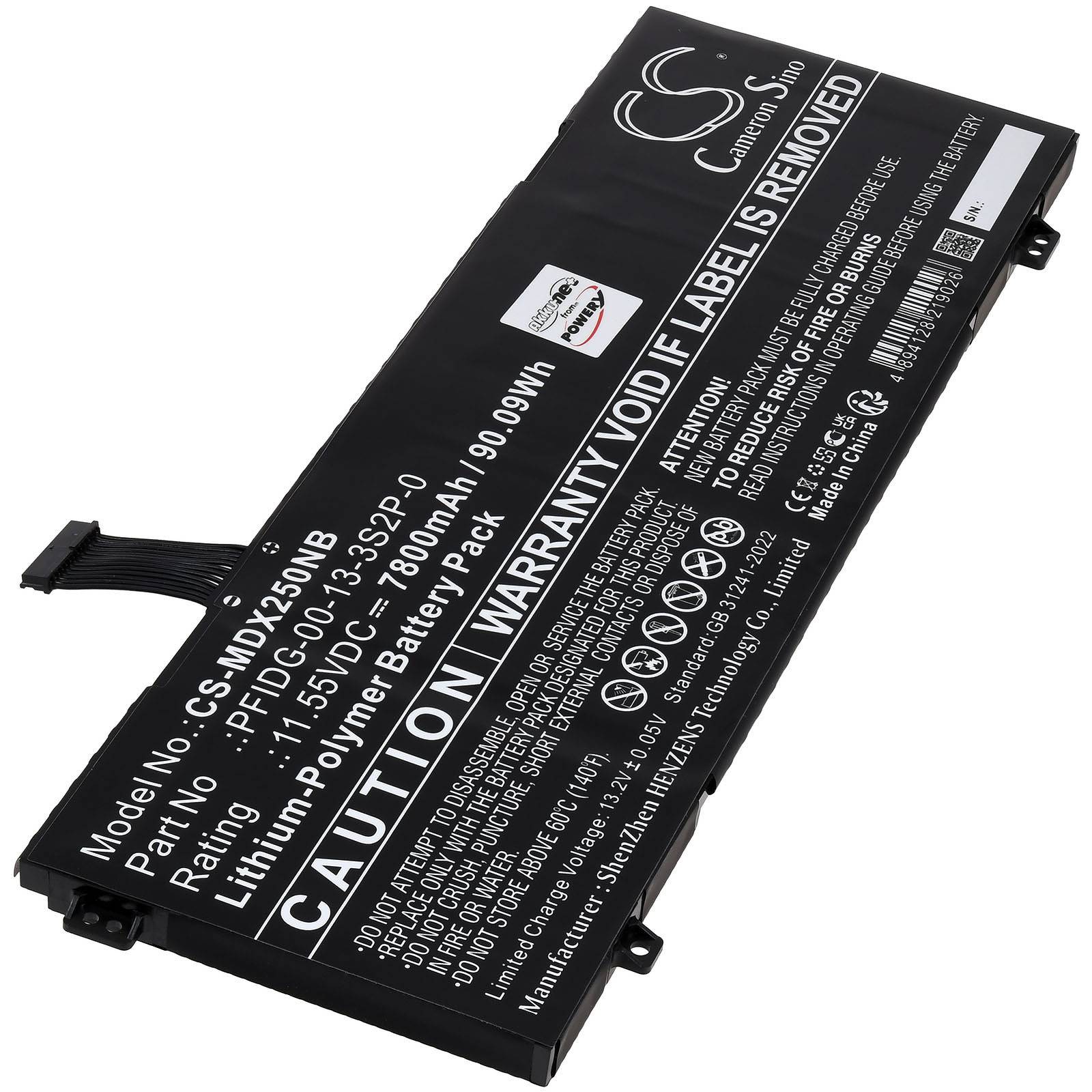 Lithium-Ionen-Akku mit Etiketten, die die Modellnummer 'CS-MD7250NB', die Kapazität '7800mAh' und die Warnung 'Garantie erlischt bei Entfernung des Etiketts' angeben.