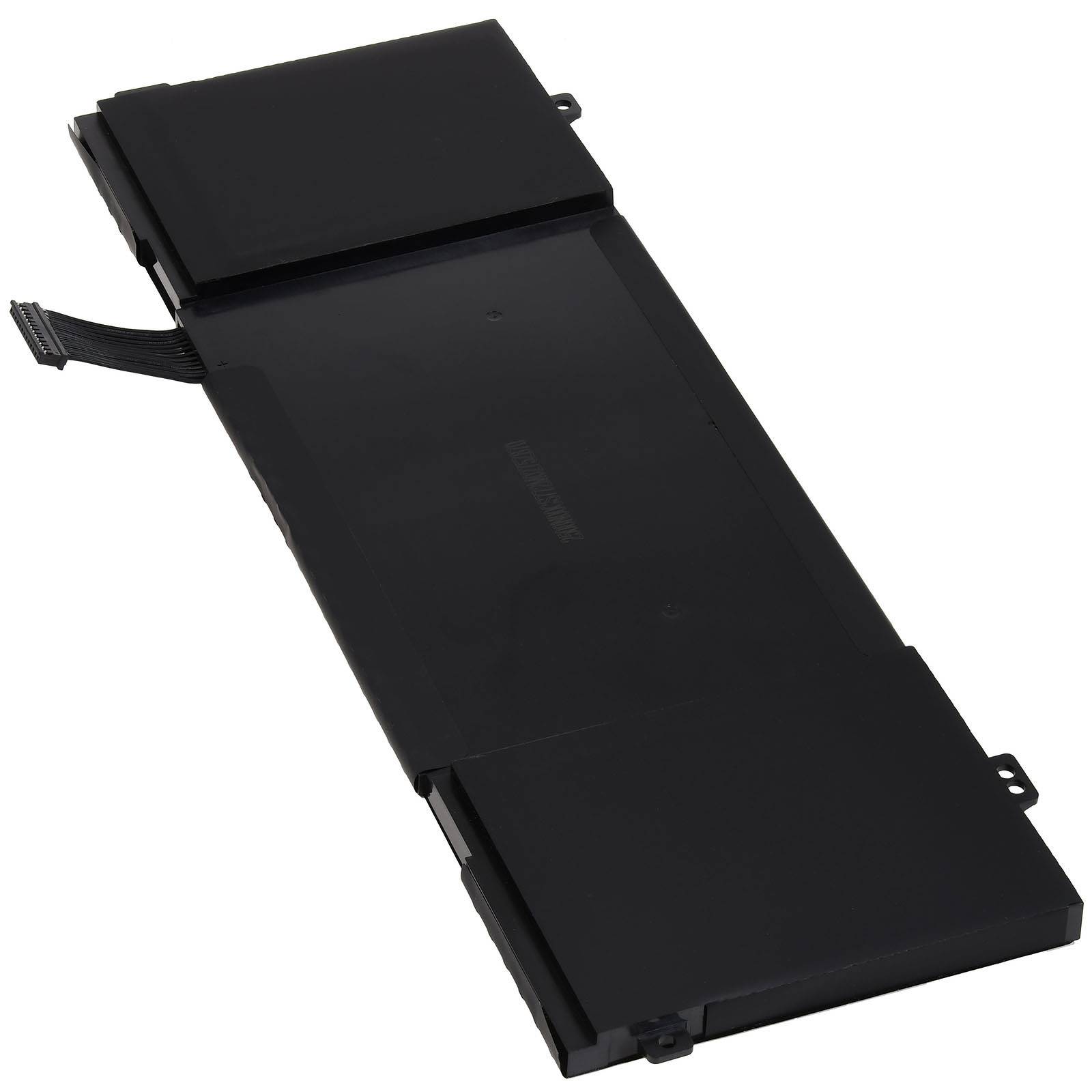 Rechteckiger schwarzer Laptop-Akku mit sichtbaren Anschlüssen an der Seite, auf weißem Hintergrund platziert.