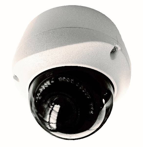 Eine weiße Kuppelsicherheitskamera mit einer schwarzen Linse, an der Decke montiert, zur Überwachung.