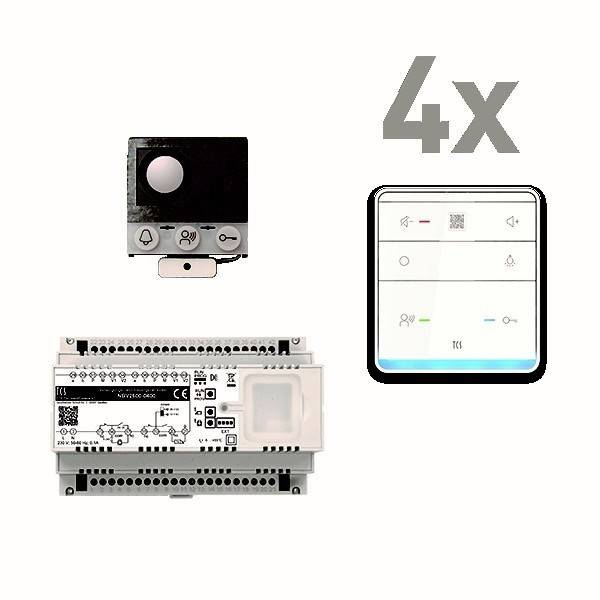 Digitale Systemmodule: Sensor, zentrale Steuereinheit, Schnittstellendisplay mit vier beschrifteten Tasten.