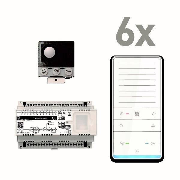 Elektronisches Geräteset mit schwarzem Sensor, weißer Steuereinheit und Smartphone-Schnittstelle, die Konnektivitätsoptionen zeigt, mit der Bezeichnung '6x'.