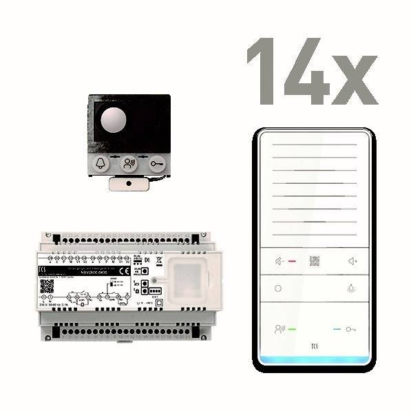 Intelligentes Beleuchtungssteuerungssystem-Setup mit einem Sensor, einer Hauptsteuerungseinheit und einer Smartphone-Schnittstelle, beschriftet mit '14x'.