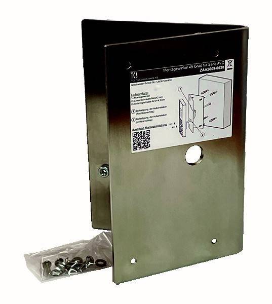 Eine Metallbefestigungshalterung mit einer illustrierten Bedienungsanleitung, konzipiert zur Befestigung eines Geräts. Enthält einen kleinen Beutel mit Schrauben.