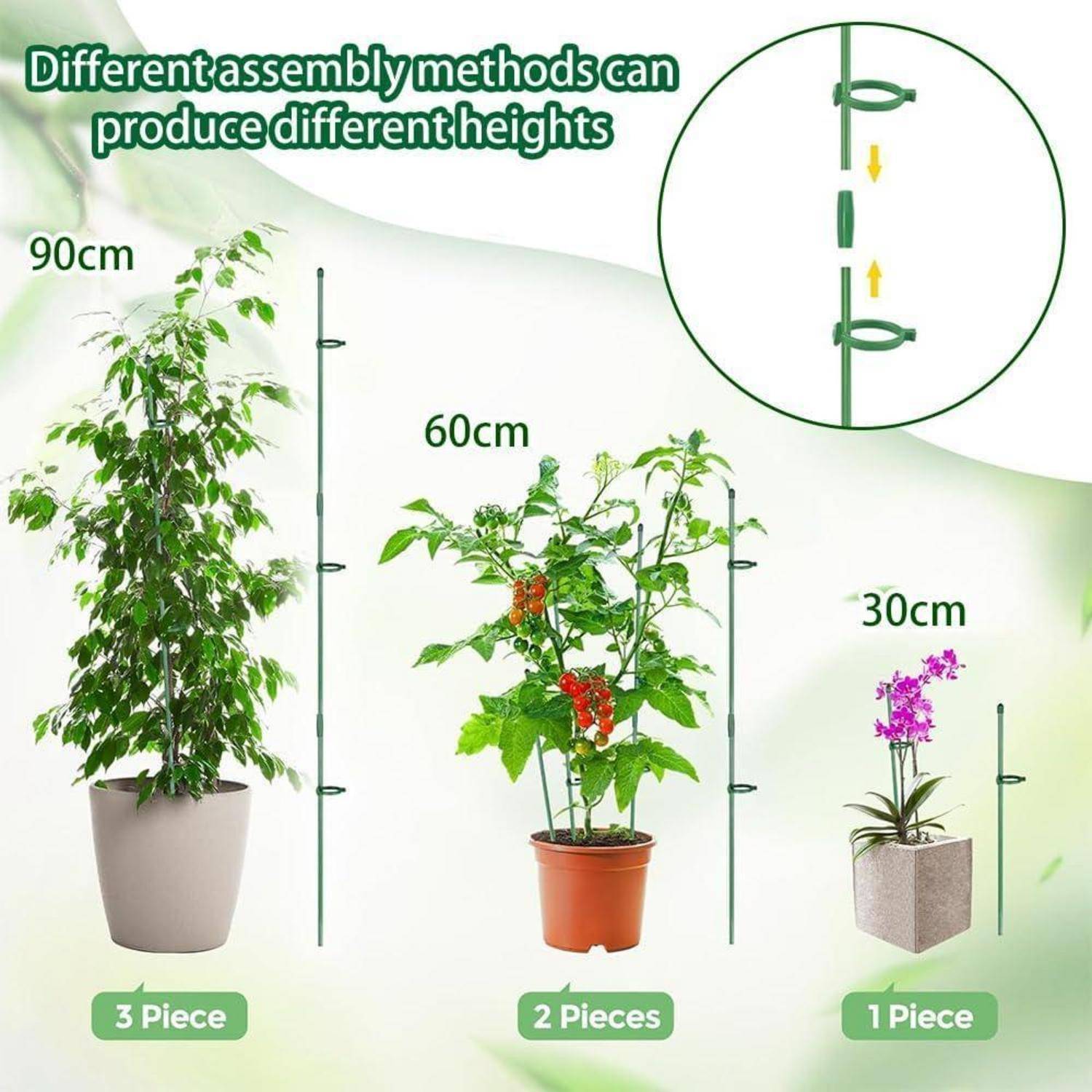 Verschiedene Montagemethoden können unterschiedliche Höhen erzeugen.' Bild zeigt drei Pflanzenstützen mit Höhen von 90 cm, 60 cm und 30 cm.