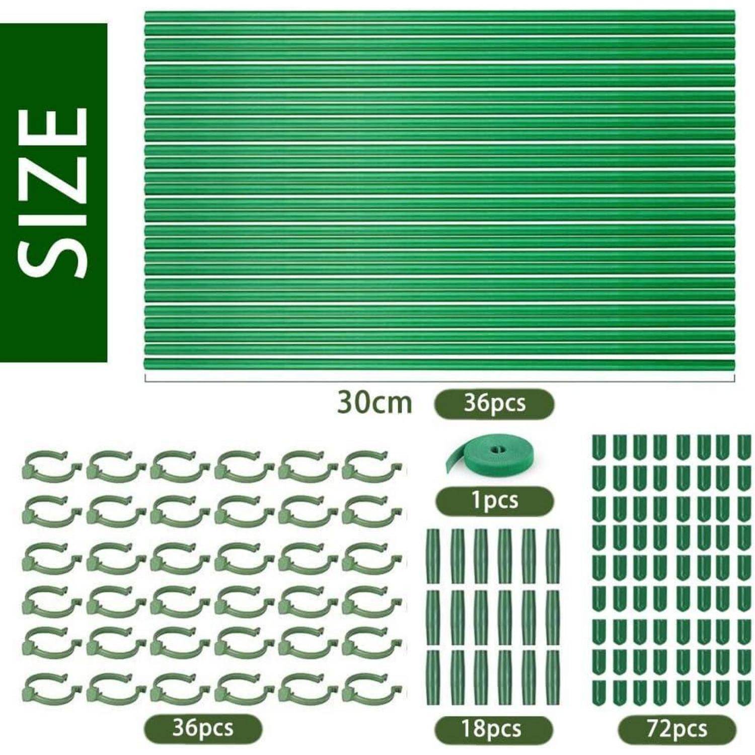 Paket enthält 36 Schlauchanschlüsse, 36 Stützpfähle, 36 Clips, 18 Stangen und 1 Rolle Klebeband. Die Stangen sind jeweils 30 cm lang und ergeben insgesamt 72 Stück.