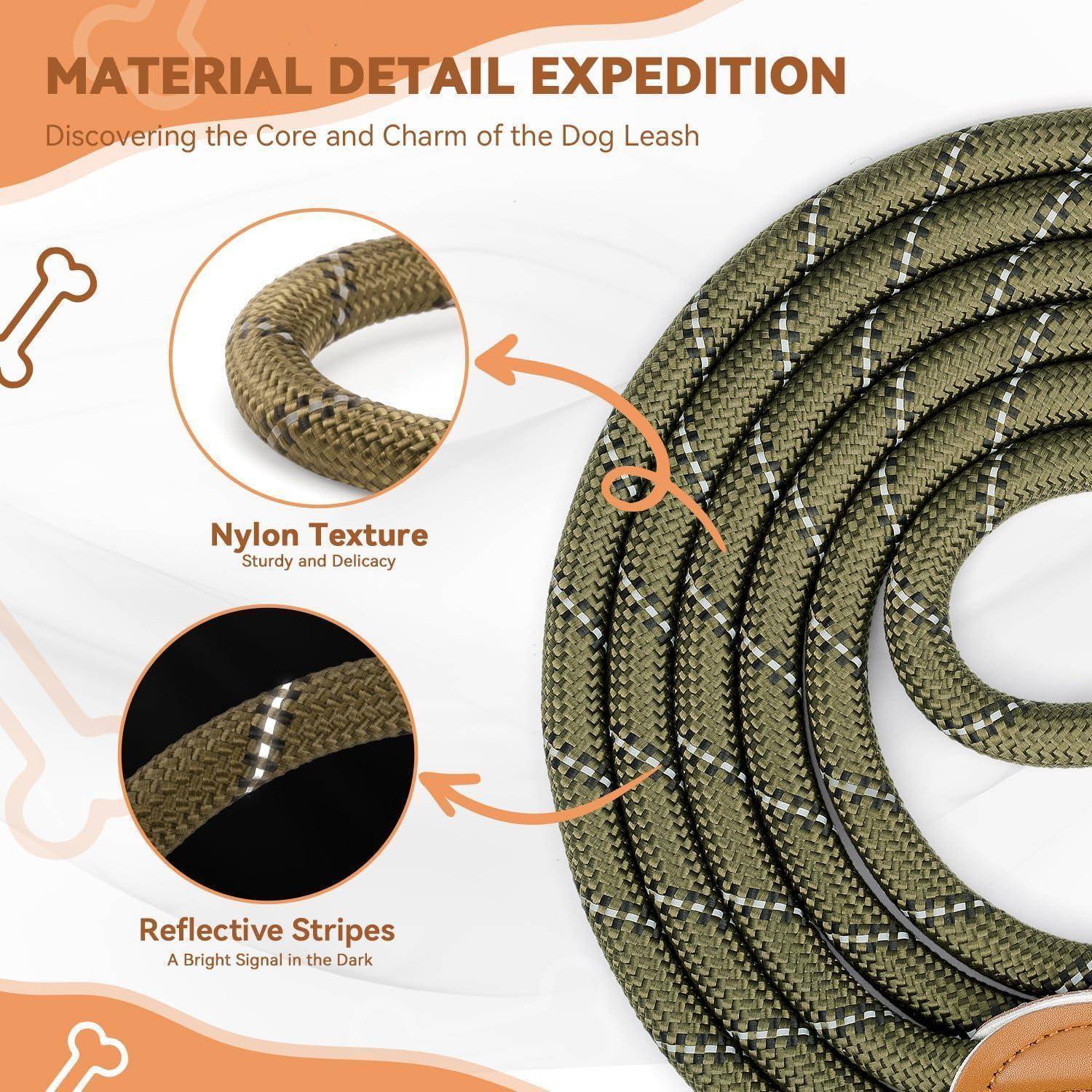 Hundeleine Materialdetails: 'Nylon-Textur', die Robustheit und Feinheit zeigt; 'Reflektierende Streifen' für Sichtbarkeit in der Dunkelheit.