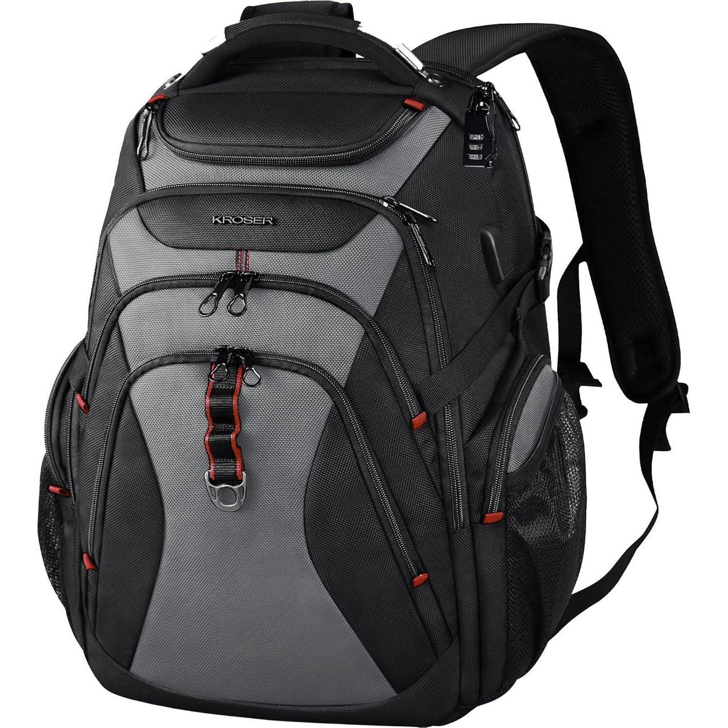 Ein schwarzer und grauer Rucksack mit roten Akzenten, mehreren Fächern, Reißverschlüssen und einem gepolsterten Schultergurt, konzipiert für Reisen oder Schule.