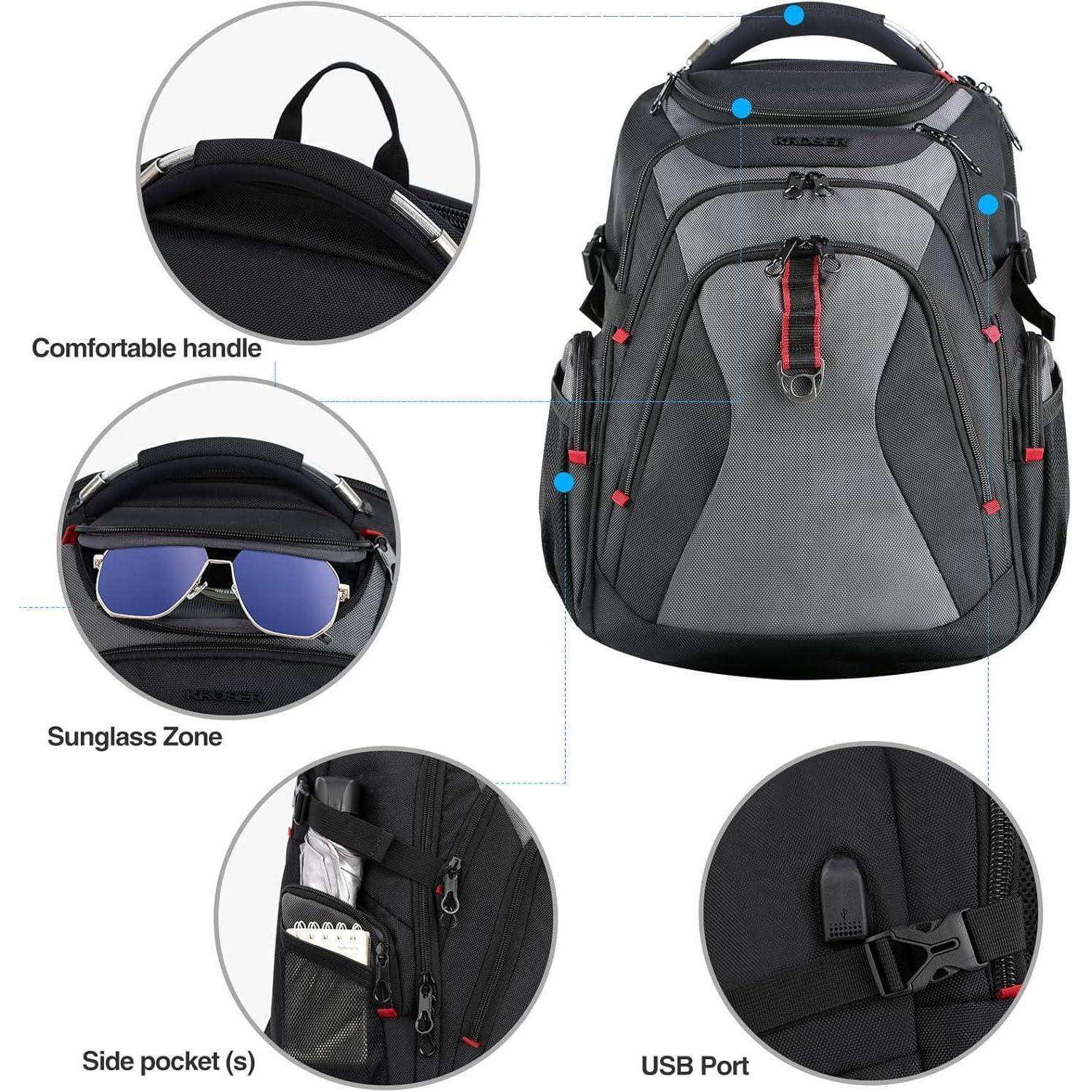 Schwarzer und grauer Rucksack mit Funktionen wie einem komfortablen Griff, einer 'Sonnenbrillenzonen', Seitentasche und USB-Anschluss.