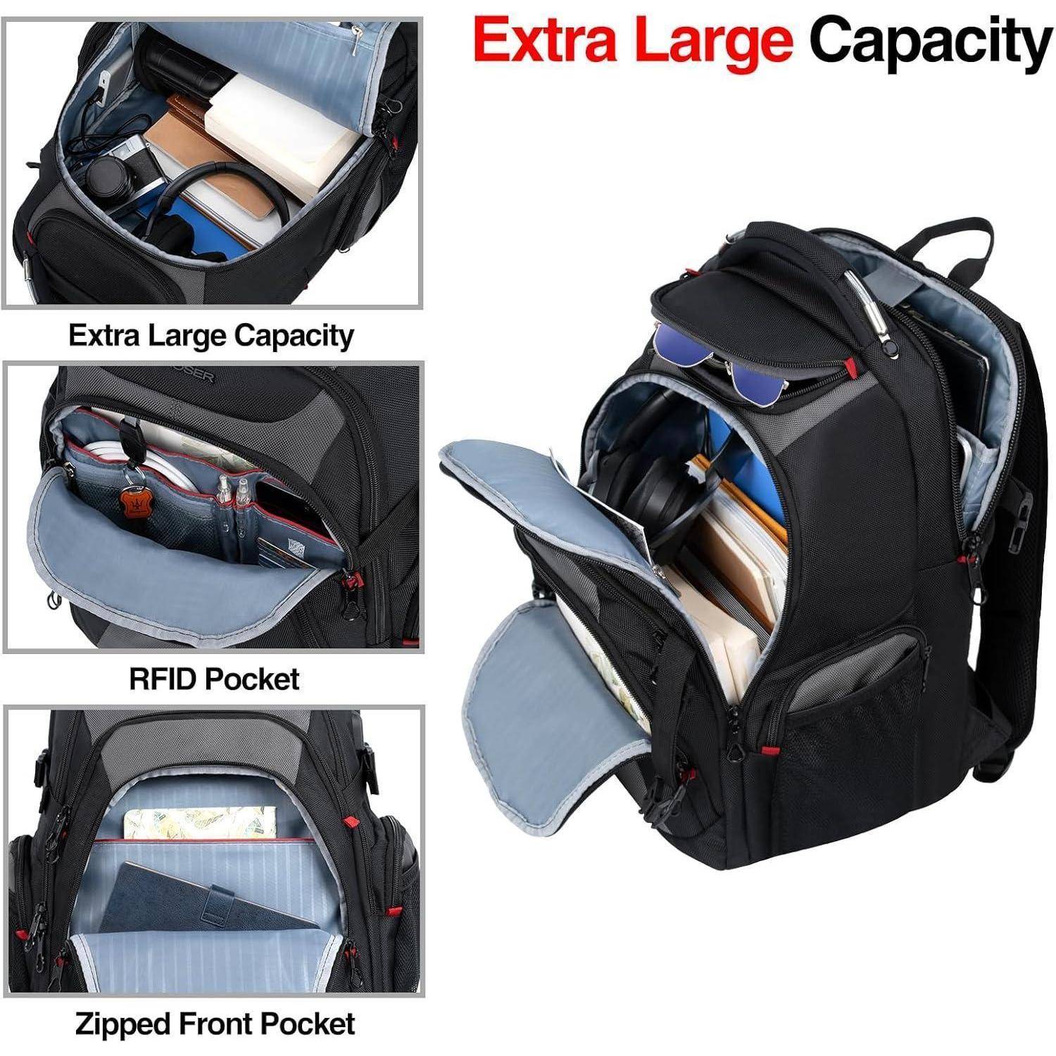 Ein schwarzer Rucksack mit der Aufschrift 'Extra Large Capacity' verfügt über mehrere Fächer: das Hauptfach mit Büchern und Kopfhörern, eine RFID-Tasche und eine Reißverschlusstasche vorne.