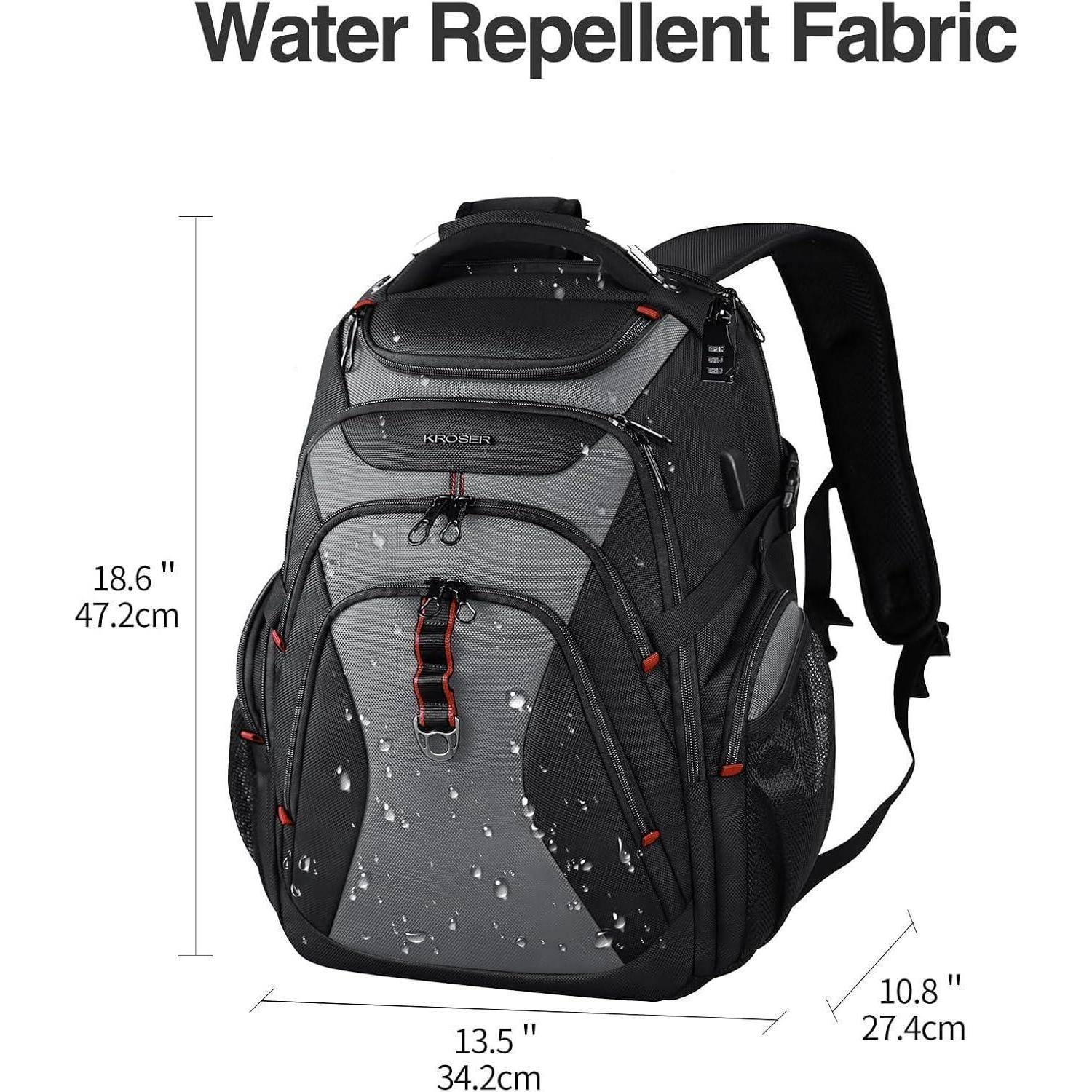 Schwarzer Rucksack mit 'Wasserabweisendes Gewebe' Schriftzug. Eigenschaften umfassen Seitentaschen, mehrere Fächer und Abmessungen von 47,2 cm x 34,3 cm x 27,4 cm.