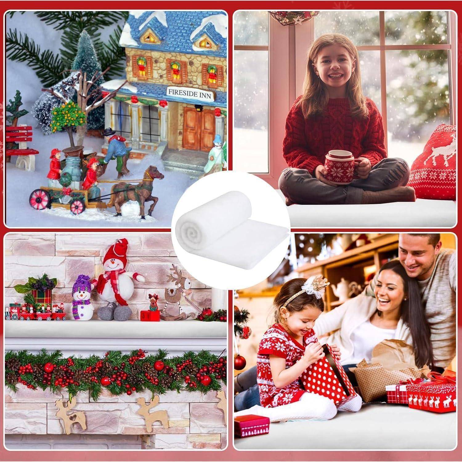 Oben links: Dorfszene mit einer Pferdekutsche und einer Gastwirtschaft. Oben rechts: Mädchen mit einem Krug am Fenster. Unten links: Weihnachtsdekoration auf dem Kaminsims. Unten rechts: Familie, die Geschenke unter dem Weihnachtsbaum auspackt.