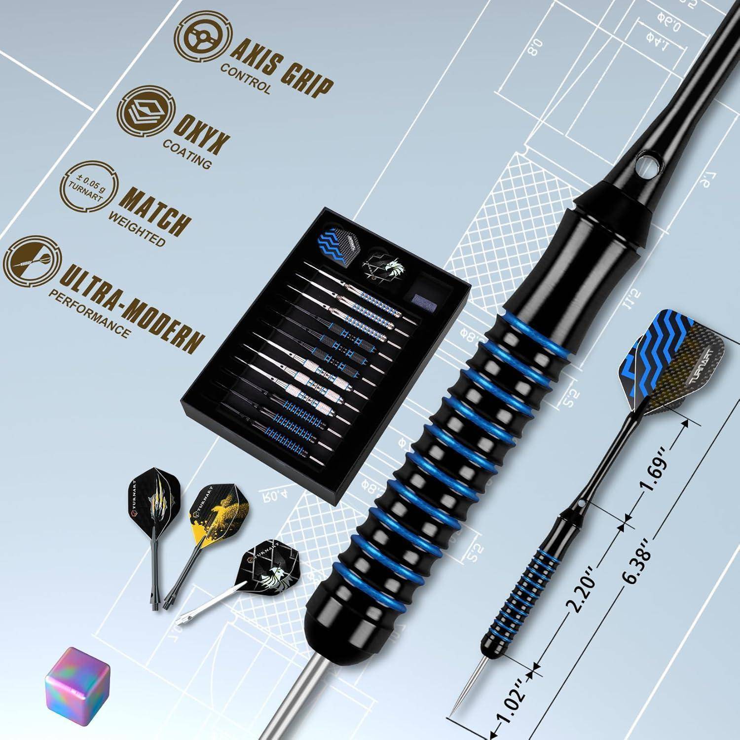 Dartset mit drei Dartpfeilen, verschiedenen Flights und hervorgehobenen Laufmerkmalen: 'Anti-Rutsch', 'Onyx-Beschichtung', 'Ultramodern'. Maße angegeben.