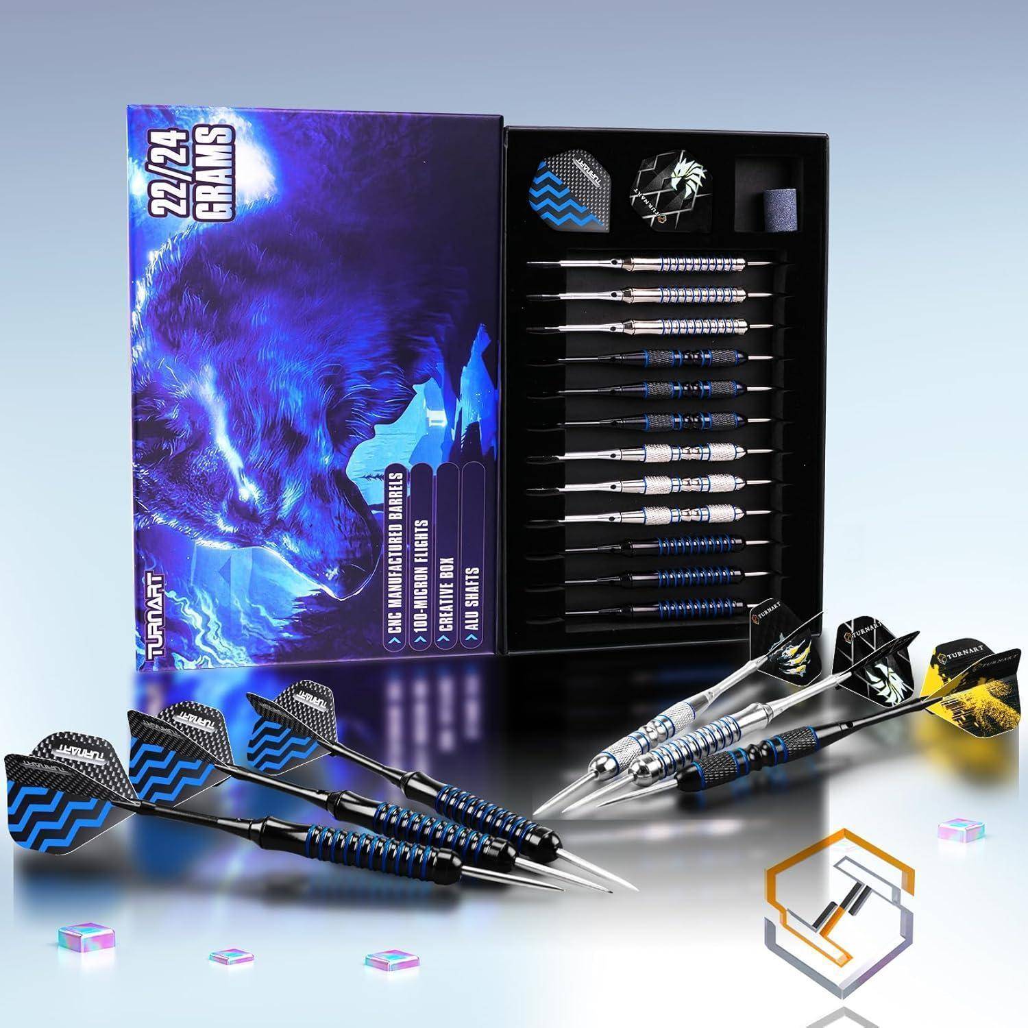 Dart-Set in einer Box mit blauen Tiergrafiken, das verschiedene Pfeile und Zubehör zeigt. Der Text gibt ein Gewicht von 22/24 Gramm an.