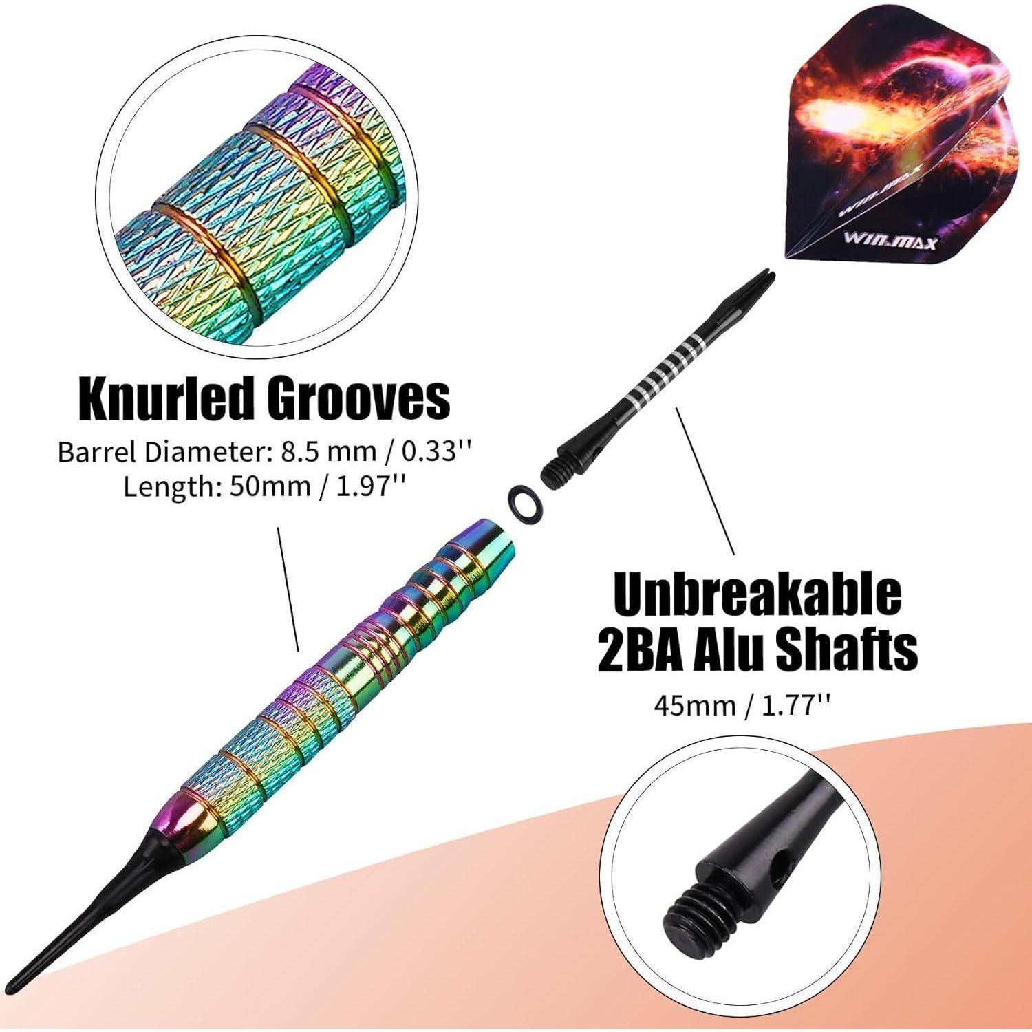 Dart-Satz Darstellung mit gerillten Rillen, Barrel-Durchmesser 8,5 mm, Länge 50 mm, unzerbrechliche 2BA-Aluminiumschäfte, 45 mm lang.