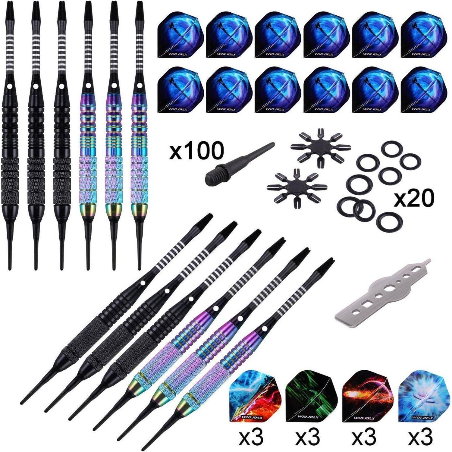 Ein Dartset, das Metalldarts, Ersatzflights, Schafte, Gummiringe, einen Schraubenschlüssel und ein Dart-Werkzeug enthält.