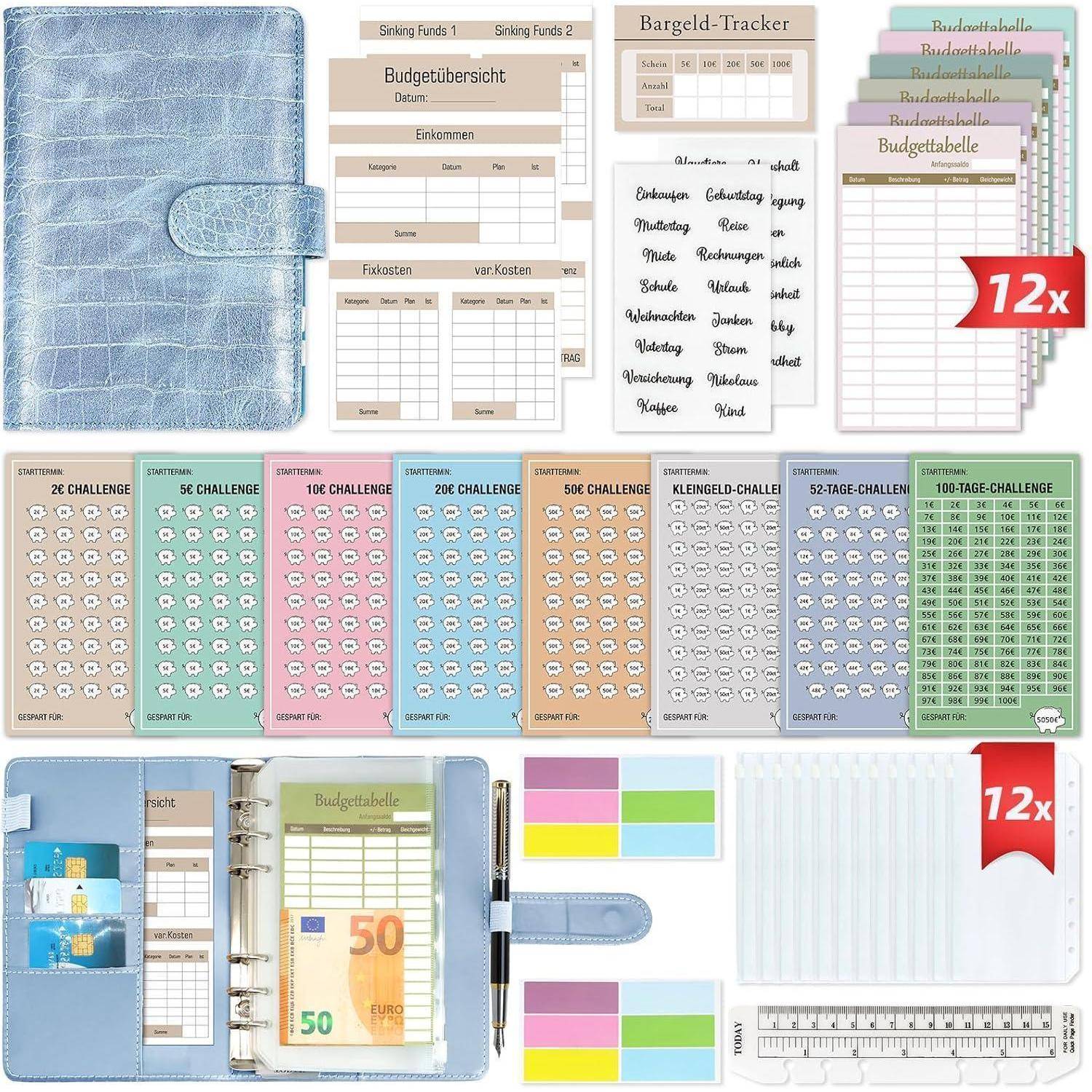 Ein Planer-Set enthält eine blaue Umschlagseite mit Krokoprägung, Budgetblätter, Geldbriefumschläge, Sticker und Werkzeuge zur finanziellen Organisation.